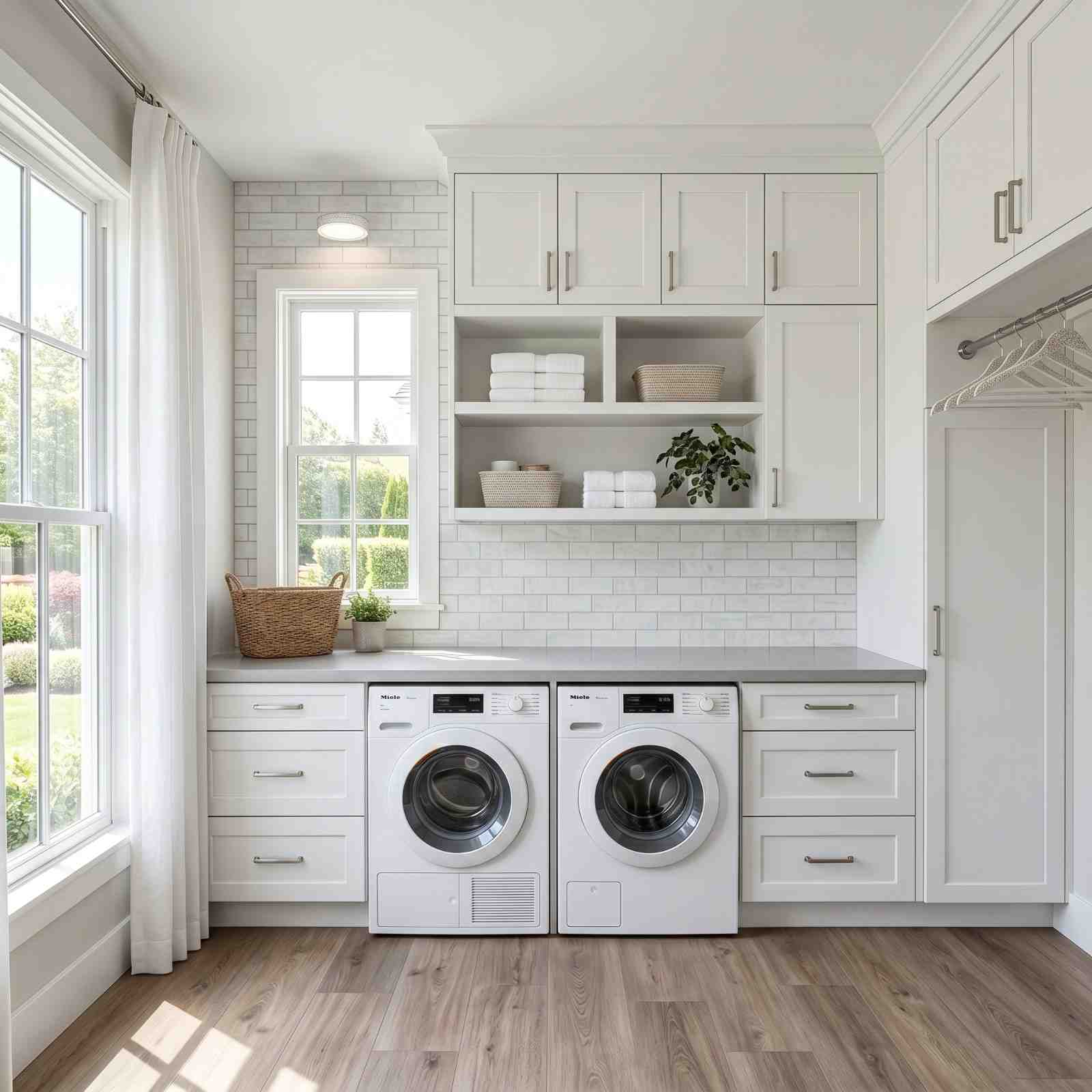 Modern white laundry room renovation with custom cabinetry, front-load washer and dryer, built-in storage, open shelving, subway tile backsplash, and spacious countertop workspace. Bright, organized laundry room design featuring functional storage solutions, premium finishes, and elegant home remodeling craftsmanship.