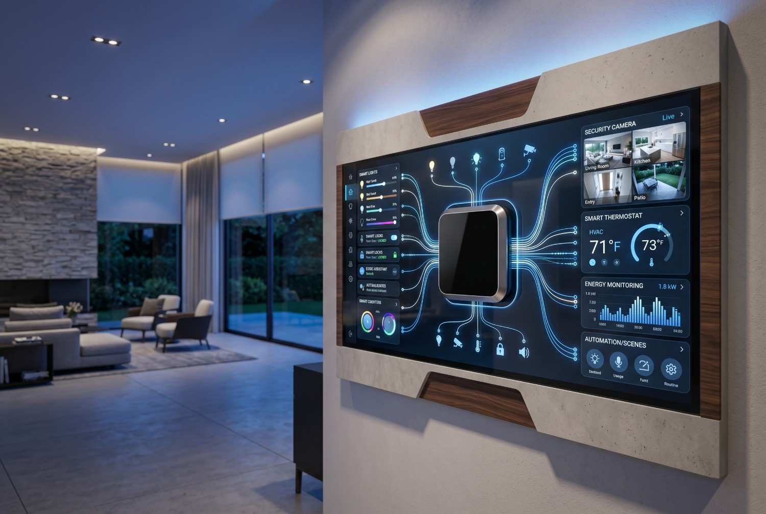 Smart home control panel mounted on a wall, displaying home automation features including security cameras, smart thermostat, energy monitoring, lighting control, and connected devices in a modern luxury living room with integrated IoT technology.
