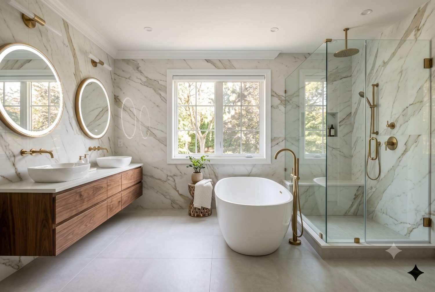 Luxury marble bathroom with freestanding soaking tub, walk-in glass shower, double vessel sinks, and illuminated round mirrors. Spa-inspired bathroom design featuring floating wood vanity, gold fixtures, natural light, premium finishes, and high-end residential bathroom remodeling.