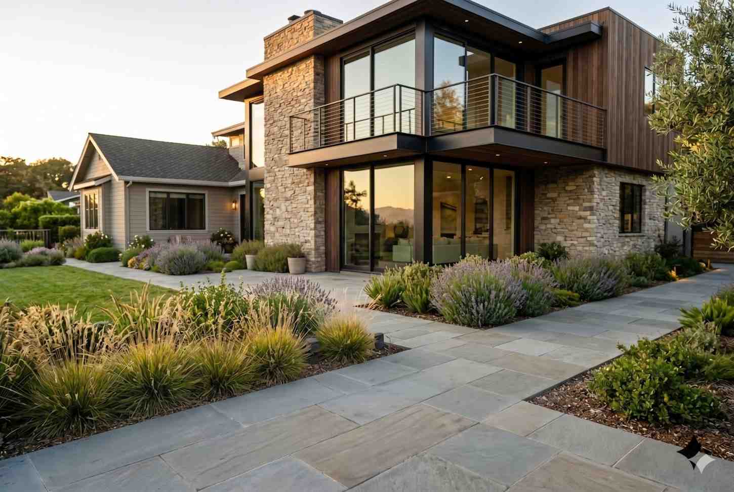 Modern luxury home with stone and wood exterior, floor-to-ceiling windows, and private balcony. Contemporary custom residence featuring landscaped gardens, premium architectural design, expansive glass walls, and upscale residential real estate with exceptional curb appeal.