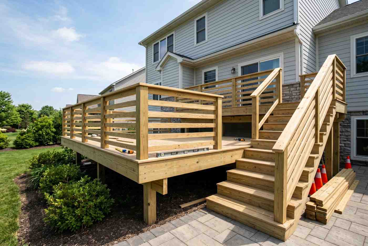 Newly constructed pressure-treated wood deck with custom railings and wide staircase attached to a residential home. Elevated backyard deck showcases professional deck installation, outdoor living design, durable wood construction, residential renovation, and custom deck building with safe access and modern craftsmanship.