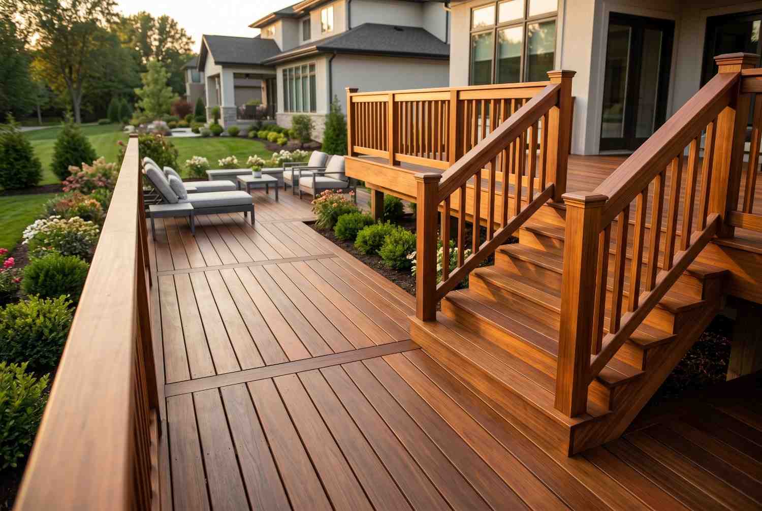 Custom hardwood deck with stairs, railings, and built-in outdoor living areas surrounding a modern home. Premium wood decking overlooks landscaped gardens and lounge seating, showcasing professional deck installation, custom deck design, backyard renovation, residential outdoor entertainment, and high-quality craftsmanship.