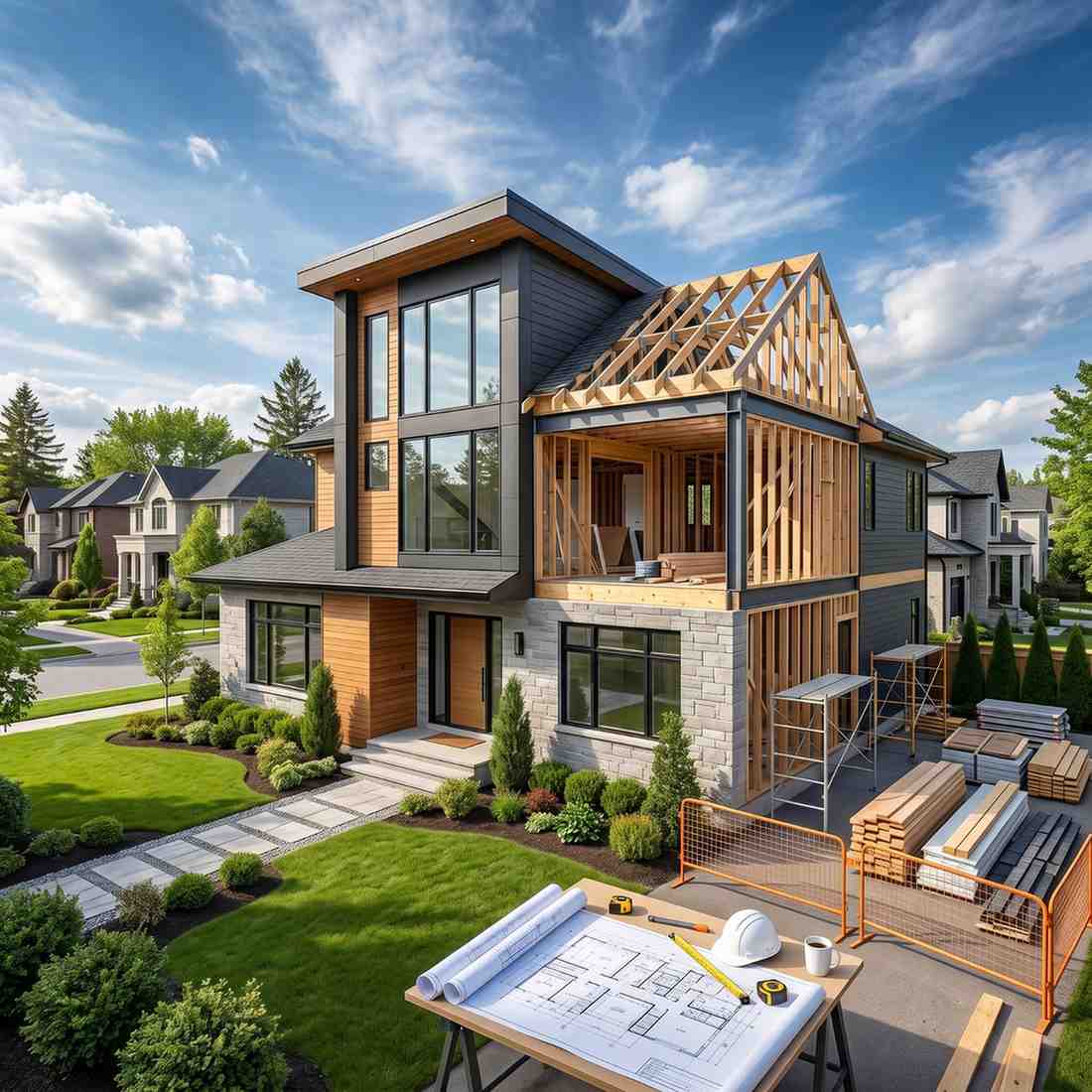 Modern custom home under construction with exposed wood framing, architectural blueprints, scaffolding, and premium building materials. Contemporary residential construction project showcasing expert home design, structural engineering, and luxury new home development in a suburban neighborhood.