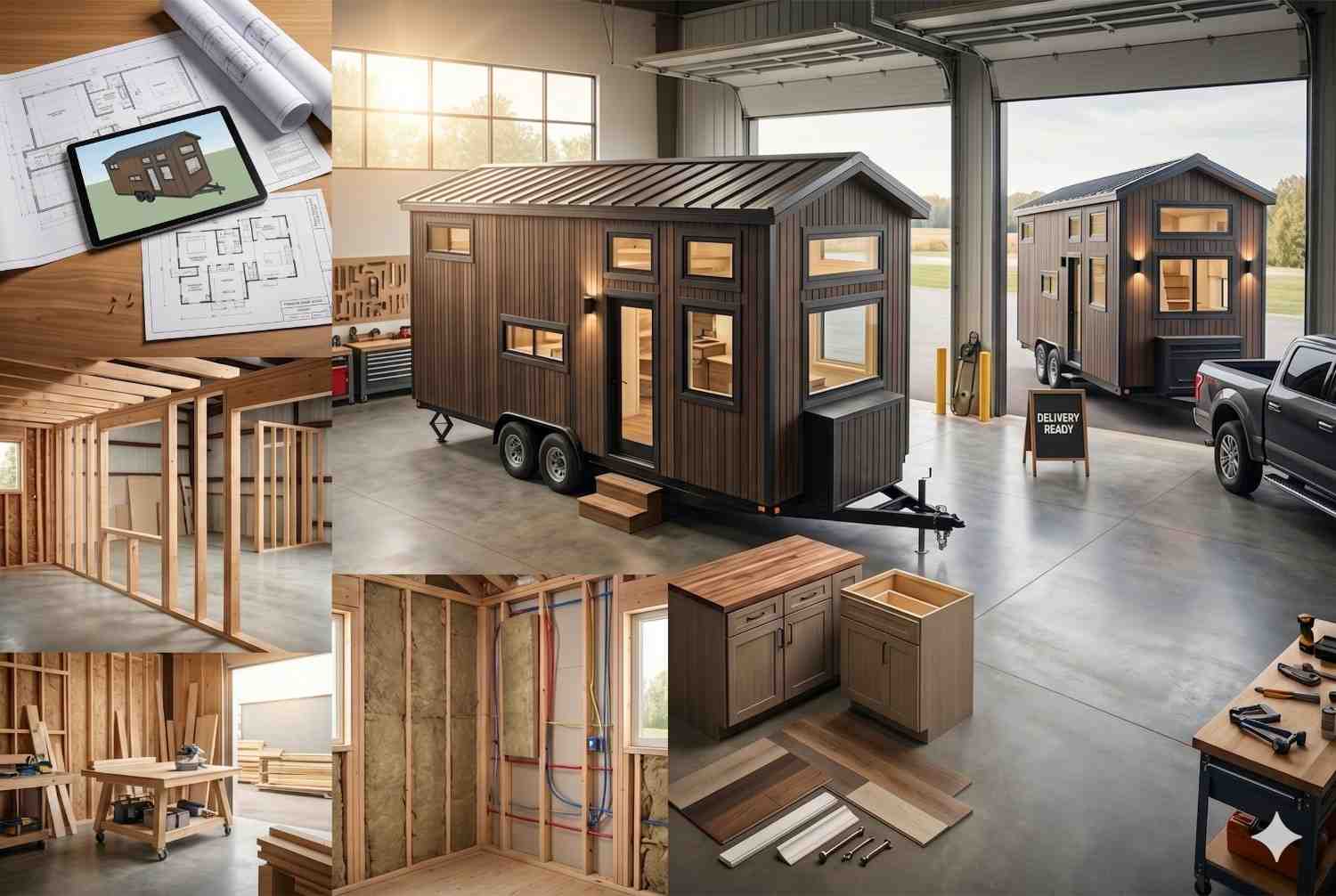 Tiny house construction process showcasing custom design, framing, insulation, interior finishes, and completed tiny homes on wheels. Modern prefab tiny house manufacturing highlights sustainable building practices, energy-efficient materials, affordable housing solutions, and turnkey tiny home construction from blueprint to finished residence.