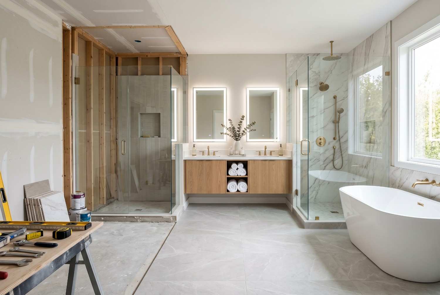 Luxury bathroom renovation in progress featuring a freestanding soaking tub, walk-in glass shower, double vanity, and illuminated mirrors. Modern bathroom remodel showcasing marble finishes, premium fixtures, custom cabinetry, and professional residential construction with high-end spa-inspired design.