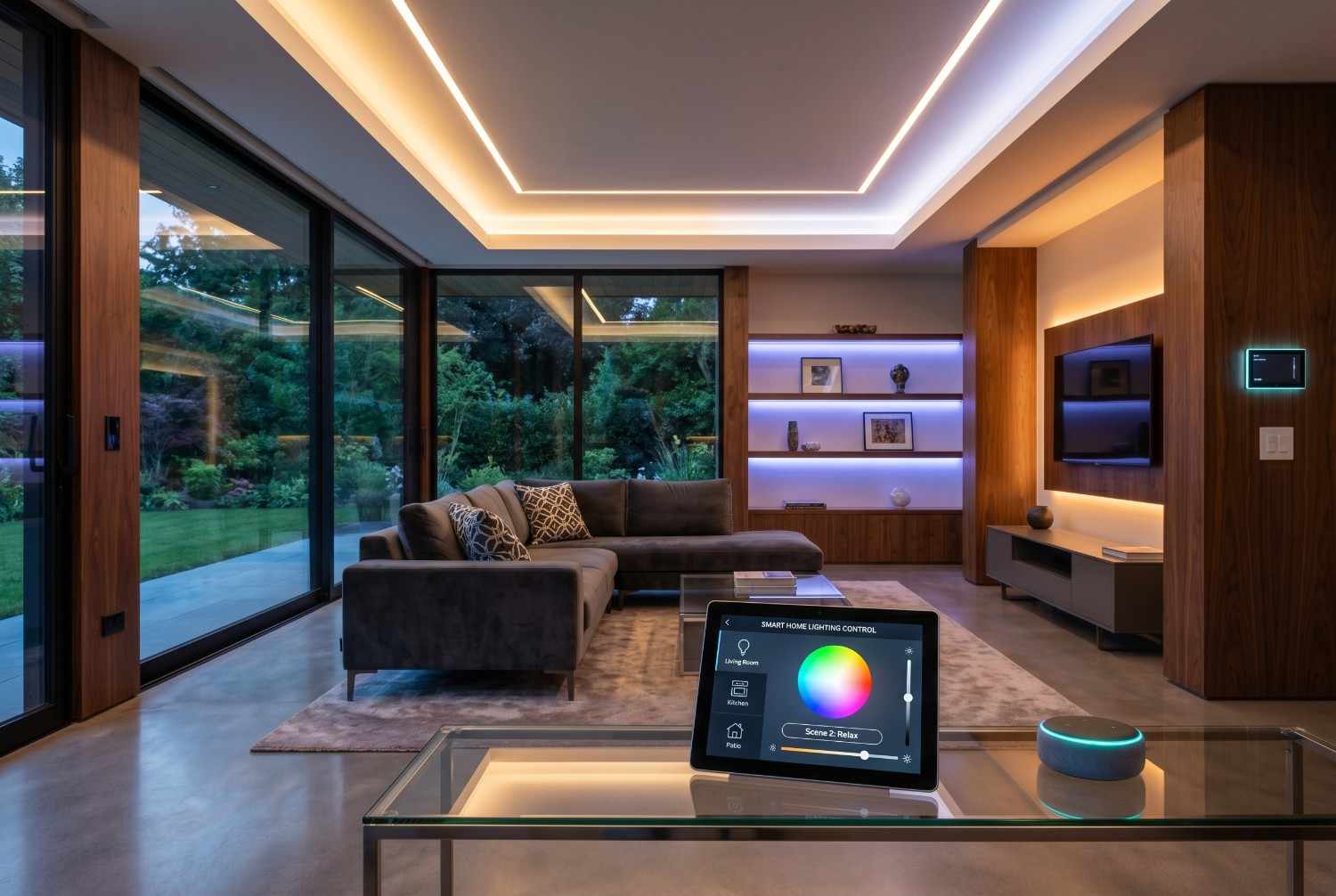 Modern smart home living room featuring smart lighting control, voice assistant device, automated LED ambiance, and touchscreen home automation panel. Open-concept luxury interior with floor-to-ceiling windows, connected smart technology, energy-efficient lighting, and contemporary home design.