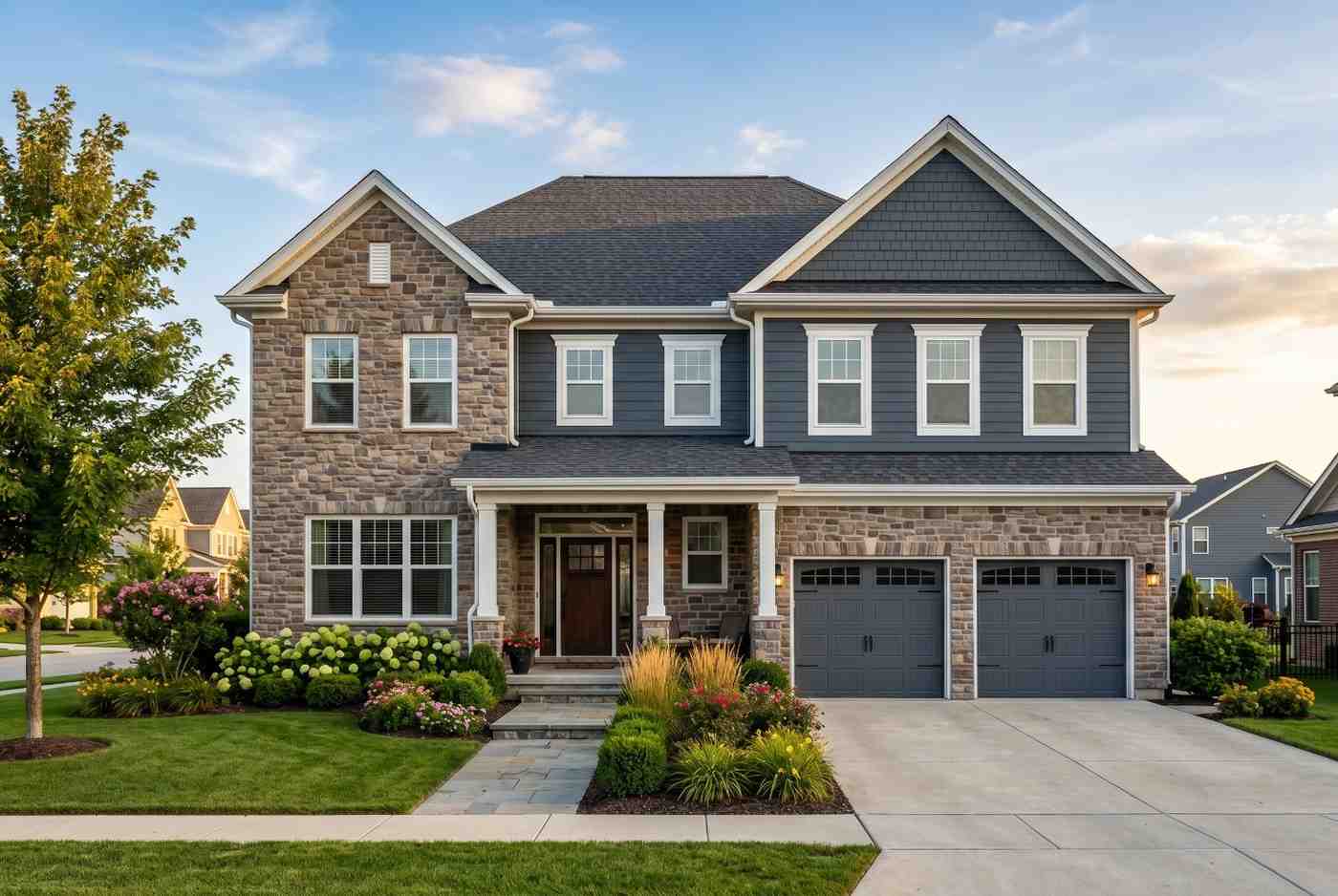 Traditional two-story family home with stone and siding exterior, double garage, landscaped front yard, and manicured lawn. Custom residential property showcasing quality home construction, curb appeal, modern suburban architecture, and professional exterior design.