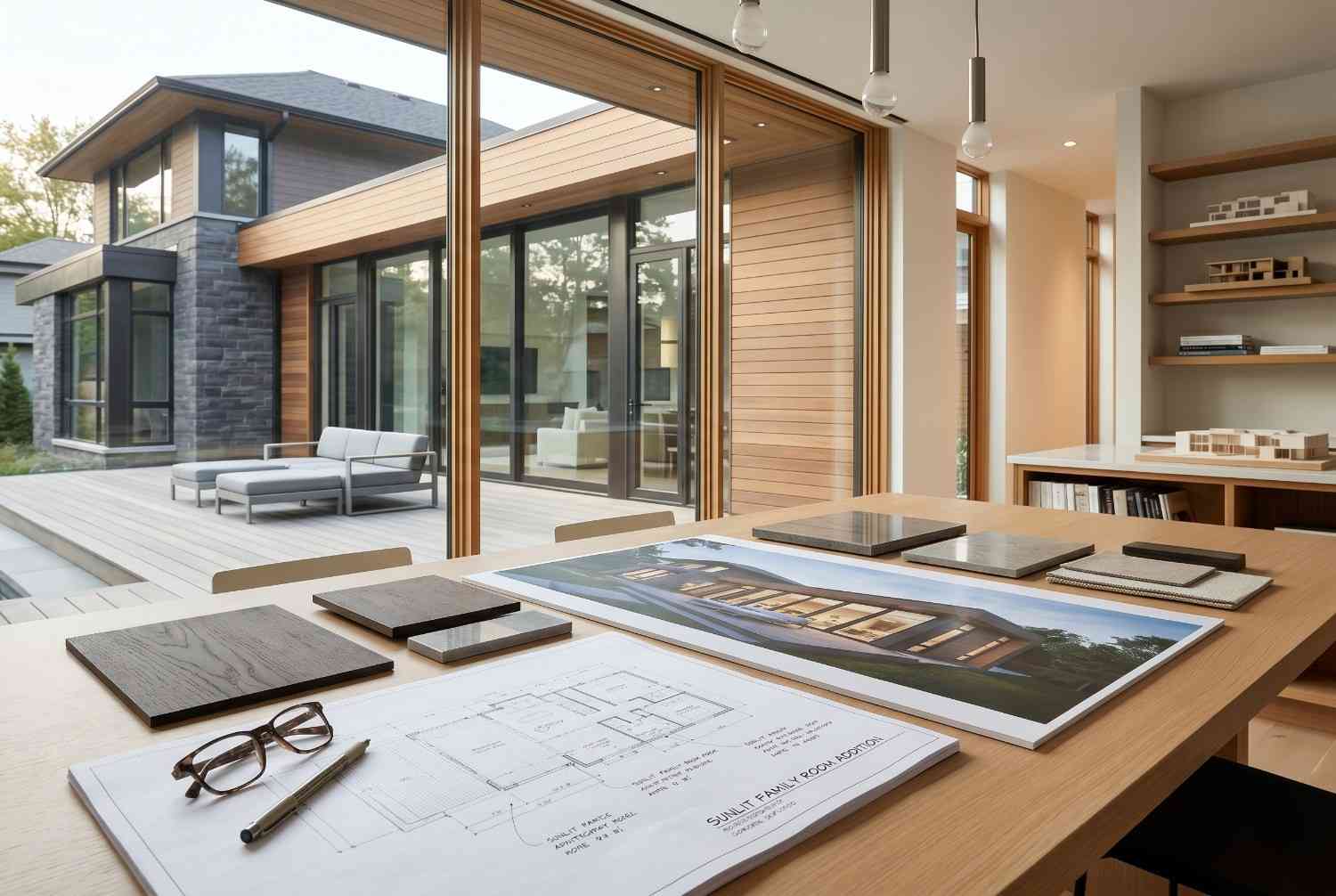 Modern architectural design studio showcasing custom home blueprints, material samples, and a luxury contemporary residence. Professional residential architecture and home design planning featuring floor-to-ceiling windows, premium finishes, and seamless indoor-outdoor living concepts.