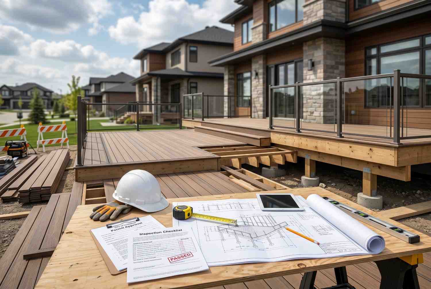 Deck construction and inspection project featuring composite decking, glass railings, architectural plans, and contractor tools outside a modern luxury home. Professional deck installation showcases structural framing, quality assurance, residential deck building, outdoor living design, and custom backyard renovation with safety-compliant construction standards.