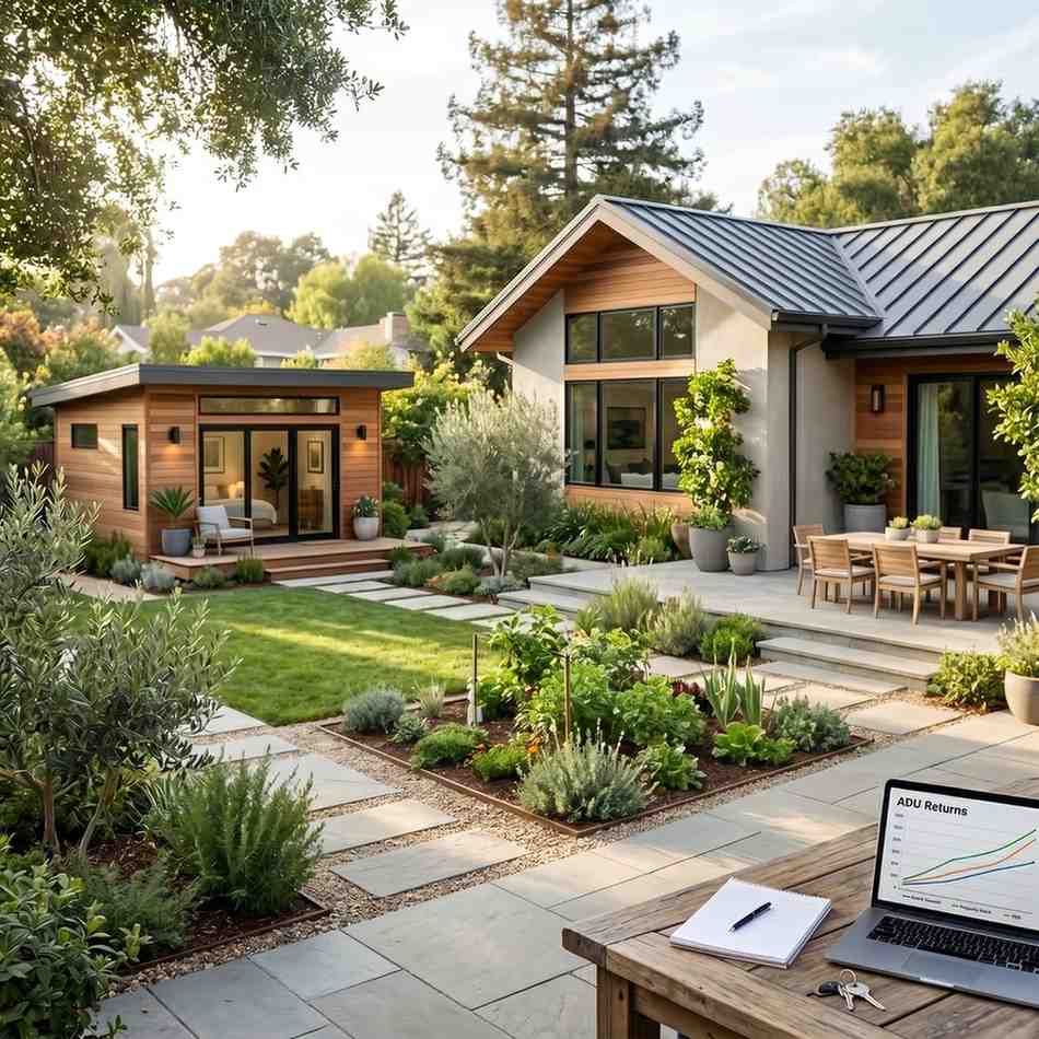 Modern backyard ADU and custom home with landscaped garden, outdoor living space, and sustainable residential design. Detached accessory dwelling unit enhances property value, rental income potential, and multi-generational living while showcasing professional landscaping and contemporary home improvement.