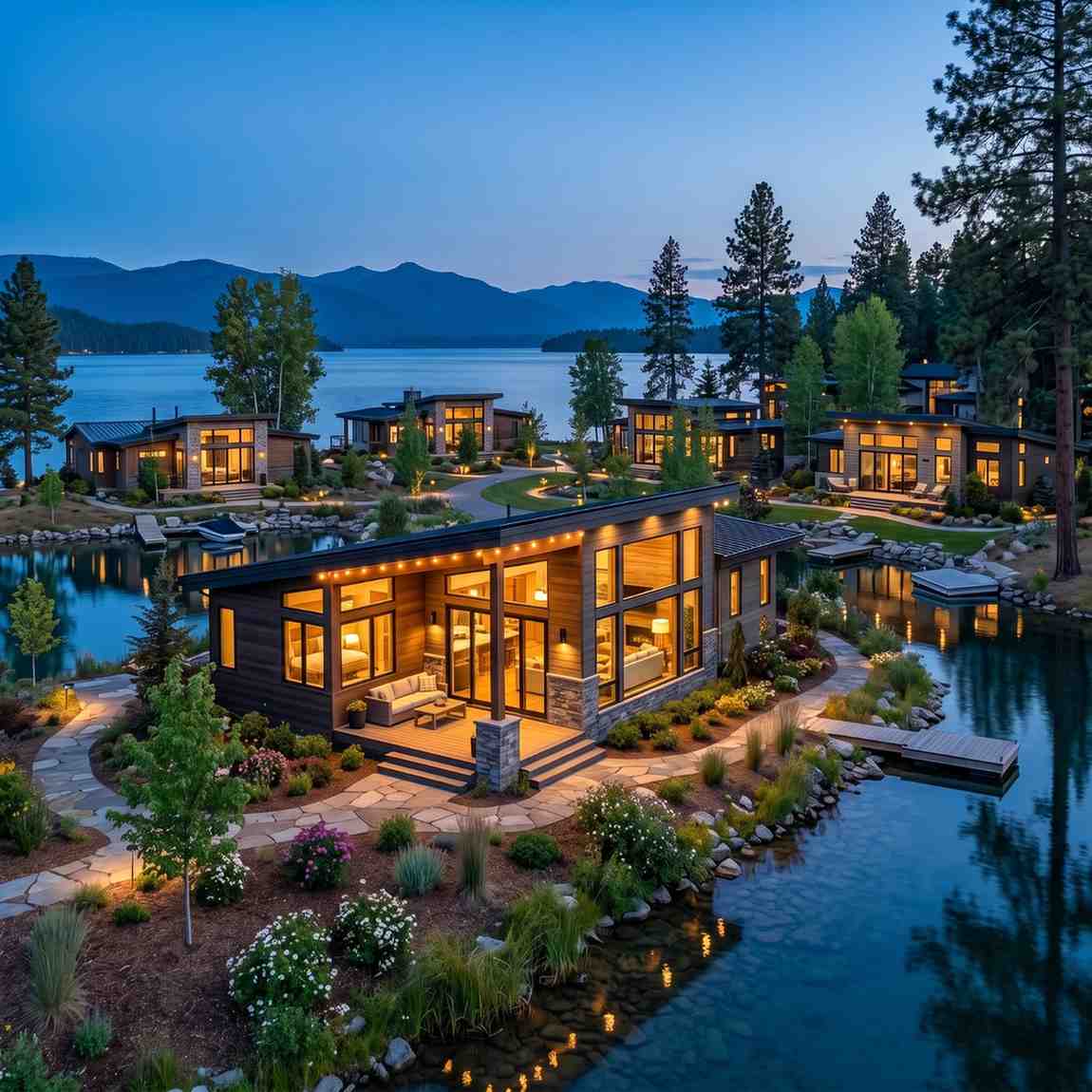 Modern waterfront luxury homes with illuminated outdoor living spaces, landscaped gardens, and private docks along a serene lake. Contemporary cabin-style architecture showcases premium deck design, lakeside property development, and scenic mountain views, creating an upscale residential retreat at dusk.