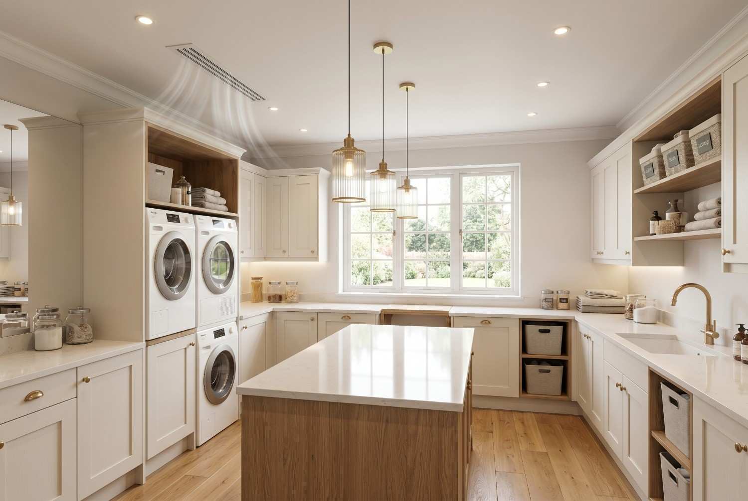Luxury laundry room renovation with custom white cabinetry, stacked washer and dryer, quartz countertops, large center island, built-in storage, and designer lighting. Spacious, organized laundry room design featuring premium finishes, functional workspace, and high-end home remodeling craftsmanship