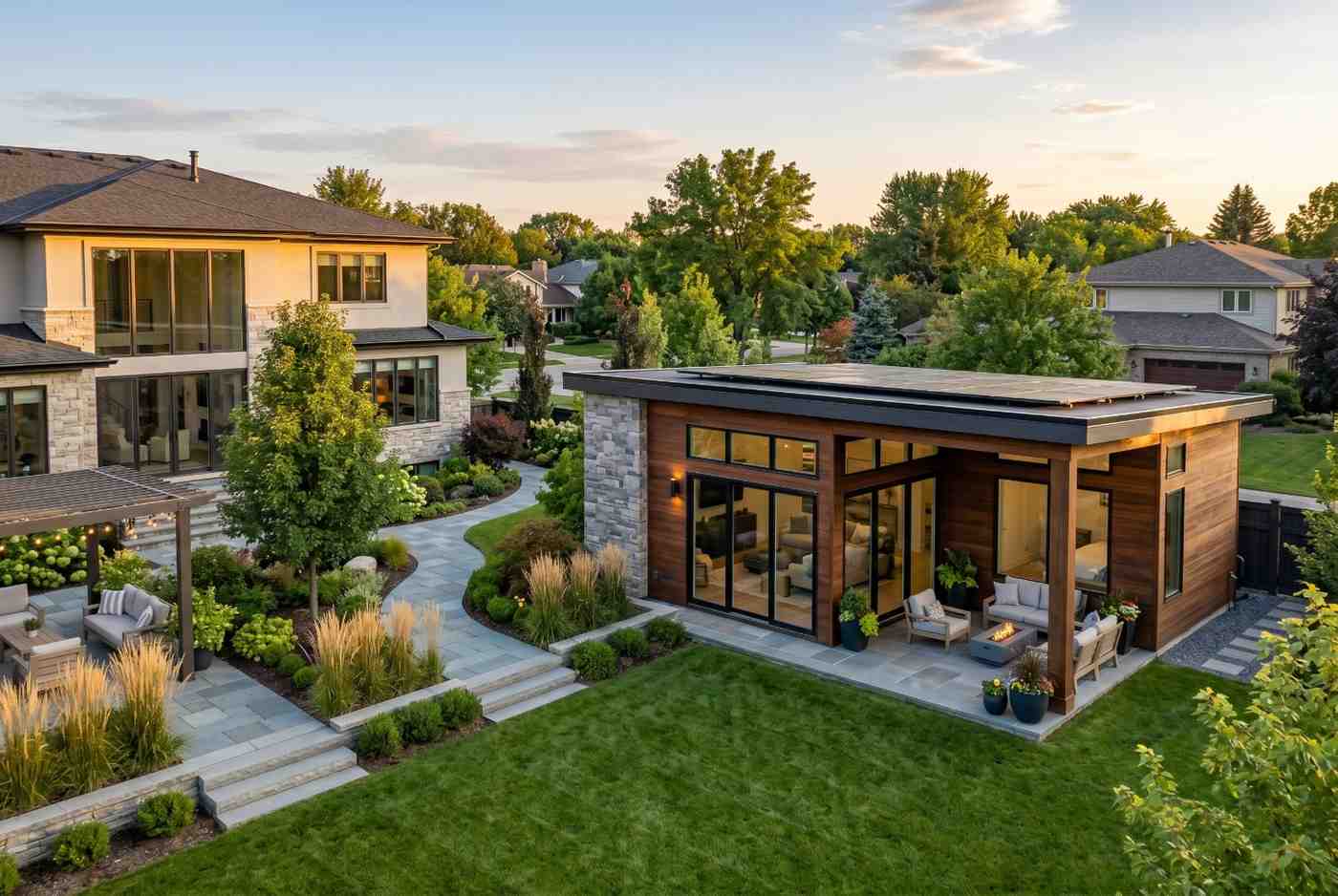Modern backyard ADU with contemporary architecture, landscaped outdoor living space, and luxury main residence. Custom accessory dwelling unit featuring large windows, premium finishes, and sustainable design, showcasing ADU construction services, backyard home development, multi-generational living, and property value enhancement.
