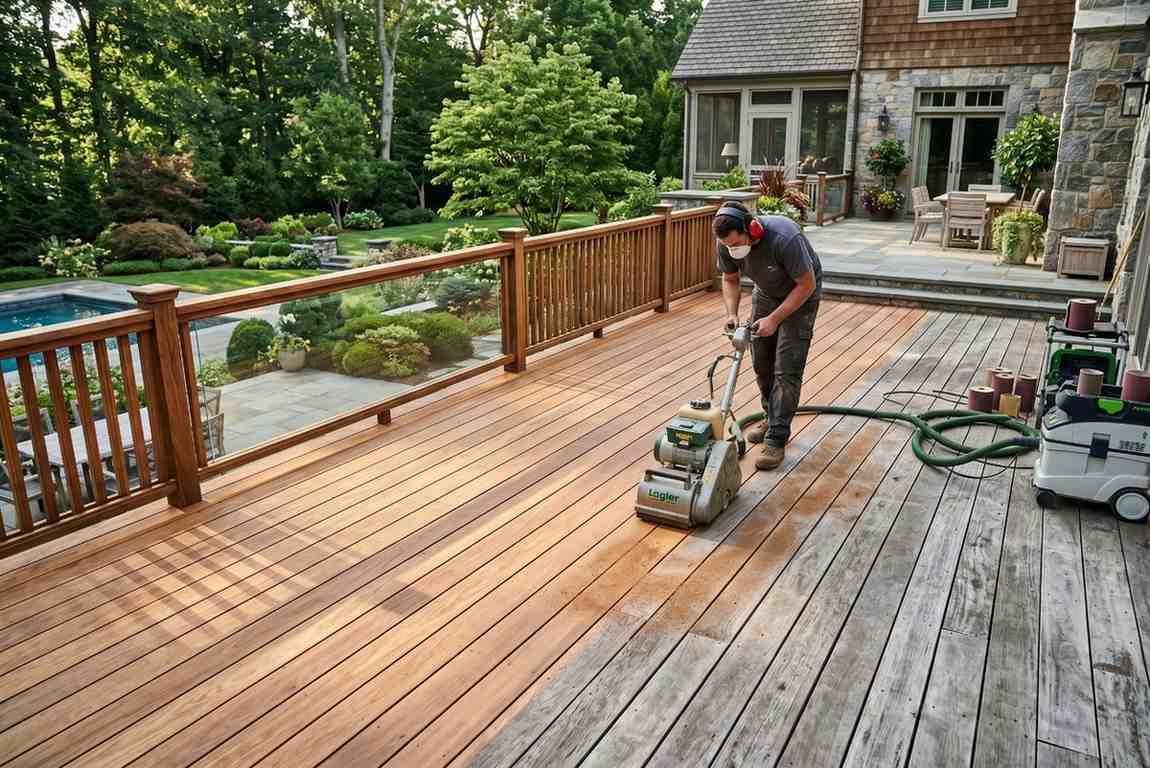 Spacious hardwood deck with wood-and-glass railing overlooking a landscaped backyard and luxury stone home. Premium outdoor living space features durable decking, elegant patio access, and scenic garden views, showcasing professional deck installation, custom deck design, backyard renovation, and residential outdoor entertainment.