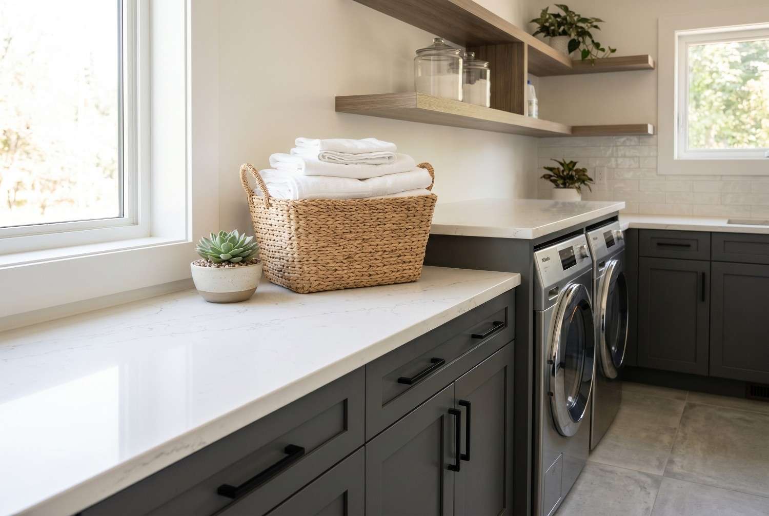 Modern laundry room renovation featuring custom gray cabinetry, quartz countertops, front-load washer and dryer, floating wood shelves, and organized linen storage. Bright, functional laundry room design with premium finishes, ample workspace, and stylish home remodeling craftsmanship.