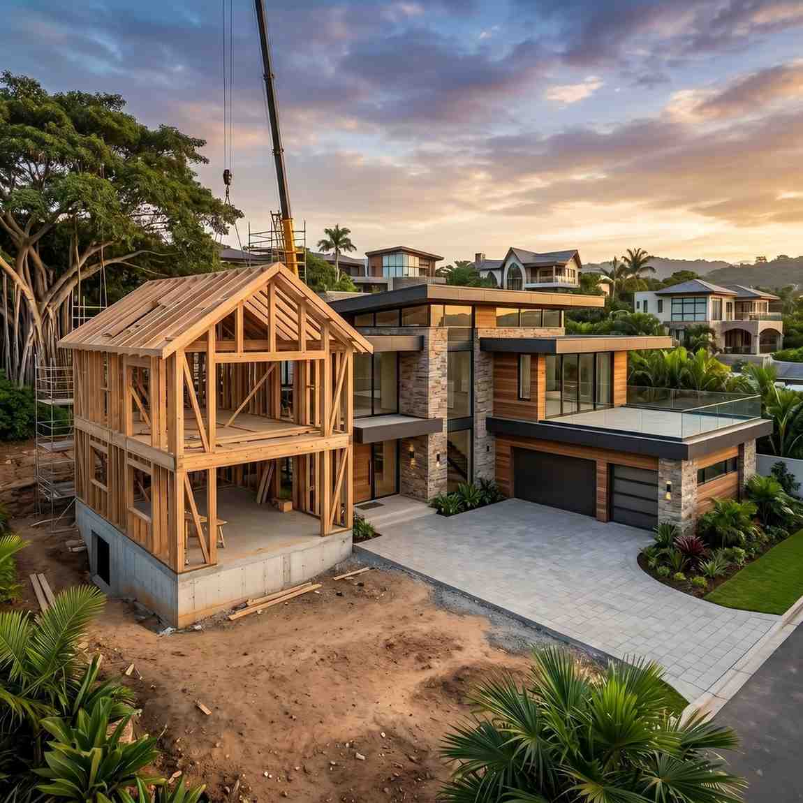 Luxury home construction project showing a timber-frame house under development beside a completed modern custom residence. Residential construction services featuring architectural design, home building, structural framing, project management, and premium new home development from concept to completion.