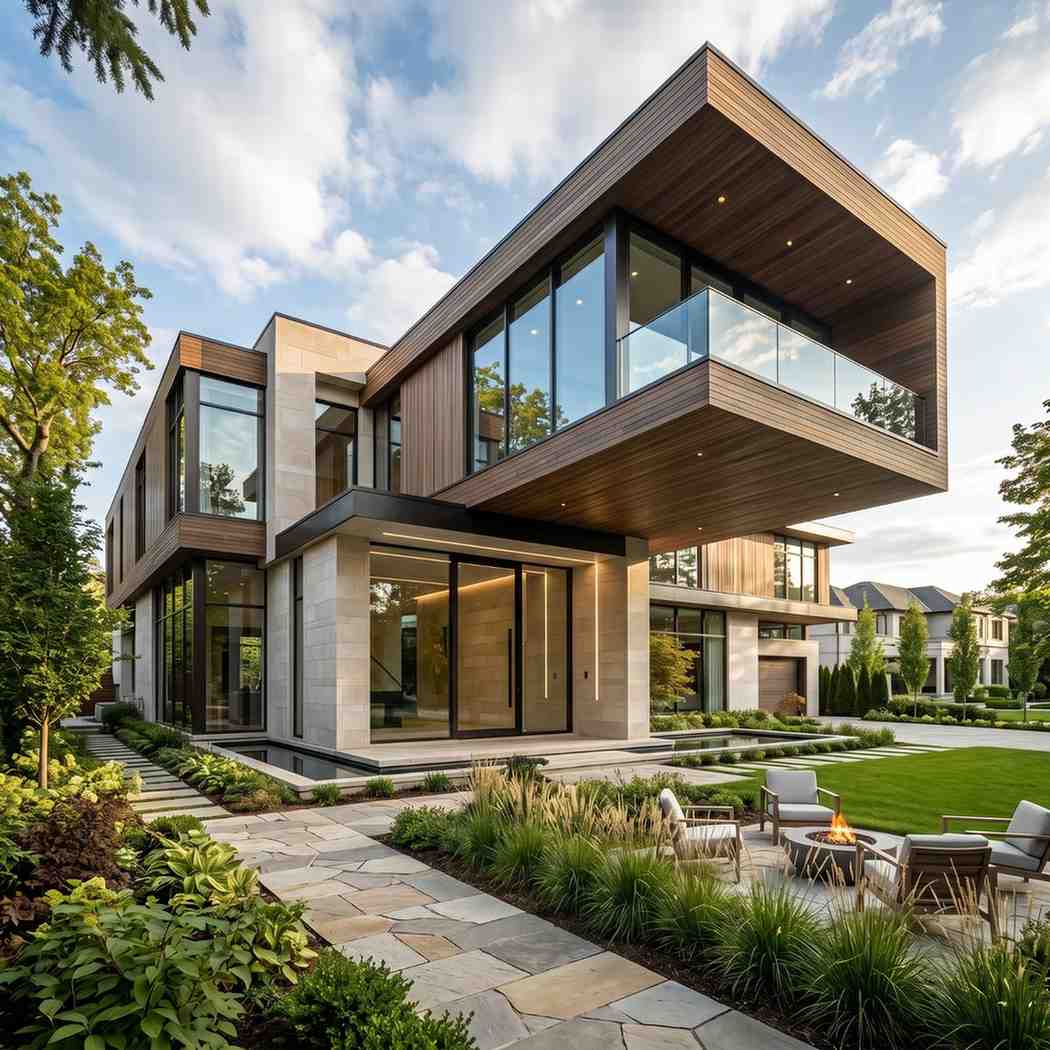 Modern luxury home with cantilevered architecture, floor-to-ceiling glass windows, and expansive balcony. Contemporary custom residence featuring premium wood and stone finishes, landscaped grounds, outdoor fire pit, and upscale luxury real estate design with exceptional curb appeal.