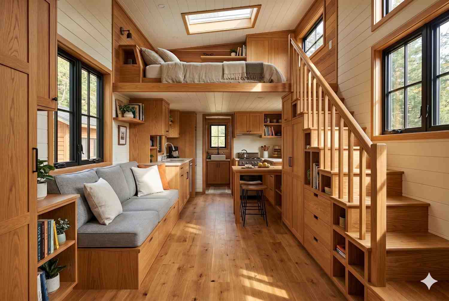 Modern tiny house interior featuring a loft bedroom, custom wood cabinetry, built-in storage stairs, compact kitchen, and cozy living area. Space-saving tiny home design highlights efficient layouts, luxury finishes, and functional small-space living for sustainable and affordable housing solutions.