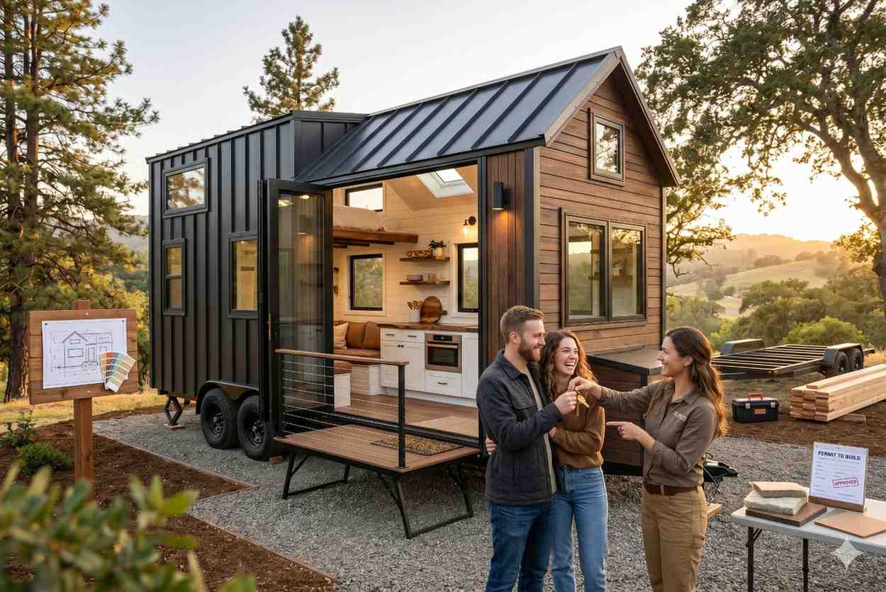 Modern tiny house on wheels with a happy couple receiving keys from a builder, showcasing custom tiny home construction and turnkey housing solutions. Features contemporary design, energy-efficient living, compact luxury interiors, and sustainable homeownership, highlighting affordable tiny house living and mobile home investment opportunities.