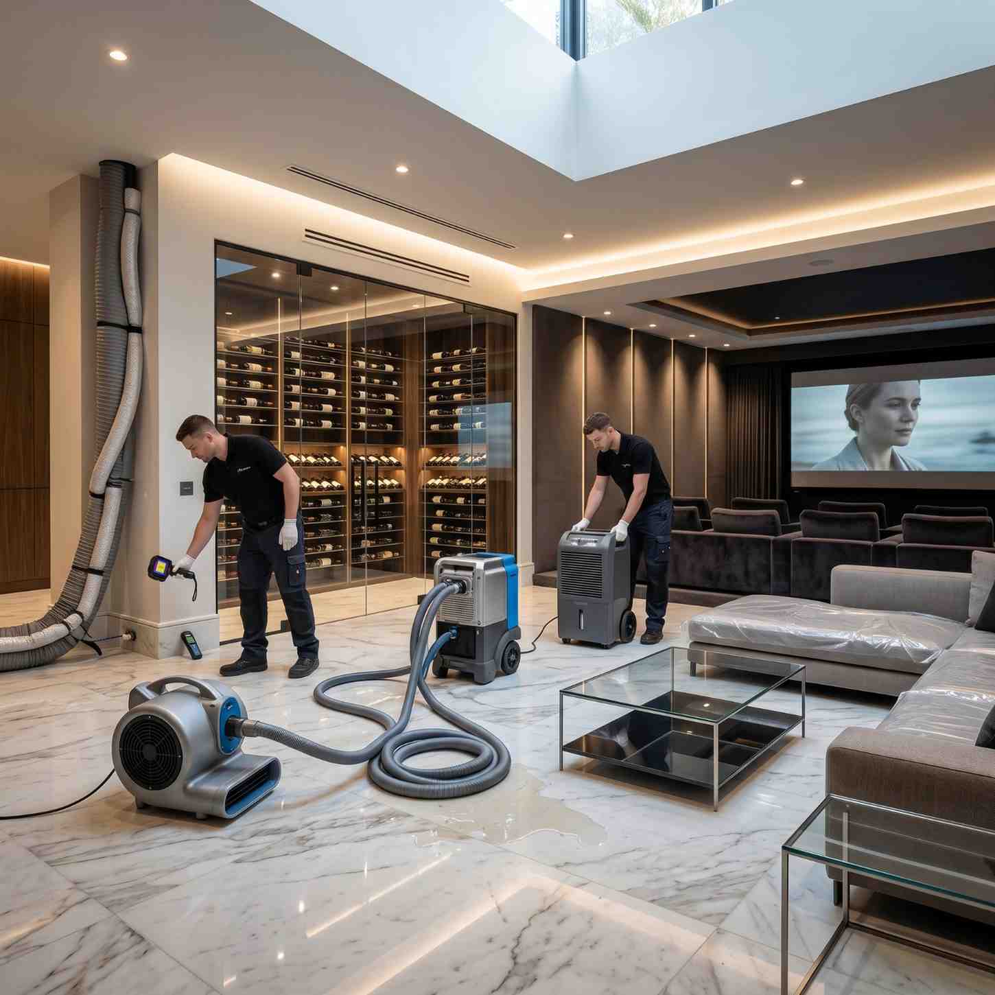 Luxury home water damage restoration in a home theater and wine cellar area, featuring moisture inspection, commercial dehumidifiers, air movers, and water extraction equipment. Professional water mitigation services remove moisture, prevent mold growth, and restore high-end residential interiors after flooding, leaks, or water intrusion.