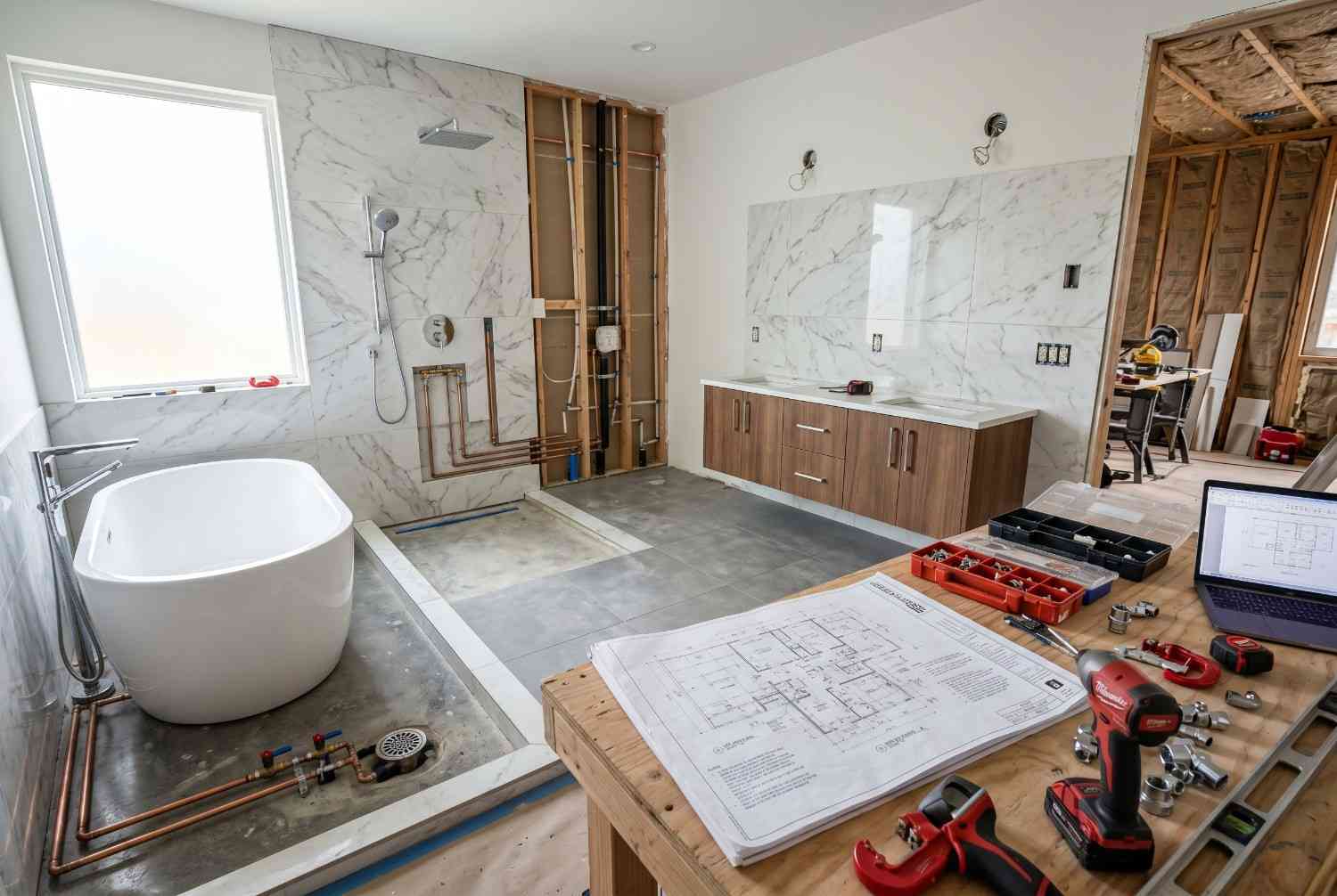 Luxury bathroom remodel under construction featuring a freestanding soaking tub, custom double vanity, marble wall tile, and exposed plumbing installation. High-end bathroom renovation showcasing modern design, premium finishes, construction planning, and expert residential remodeling craftsmanship.