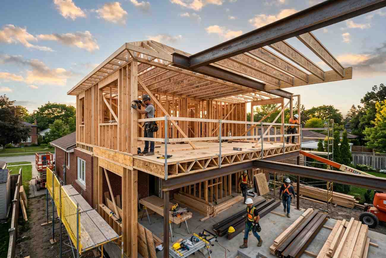 Residential home addition under construction featuring wood framing, steel beam installation, and construction workers on-site. Custom home renovation project showcasing structural engineering, second-story expansion, professional building contractors, and modern house construction techniques.