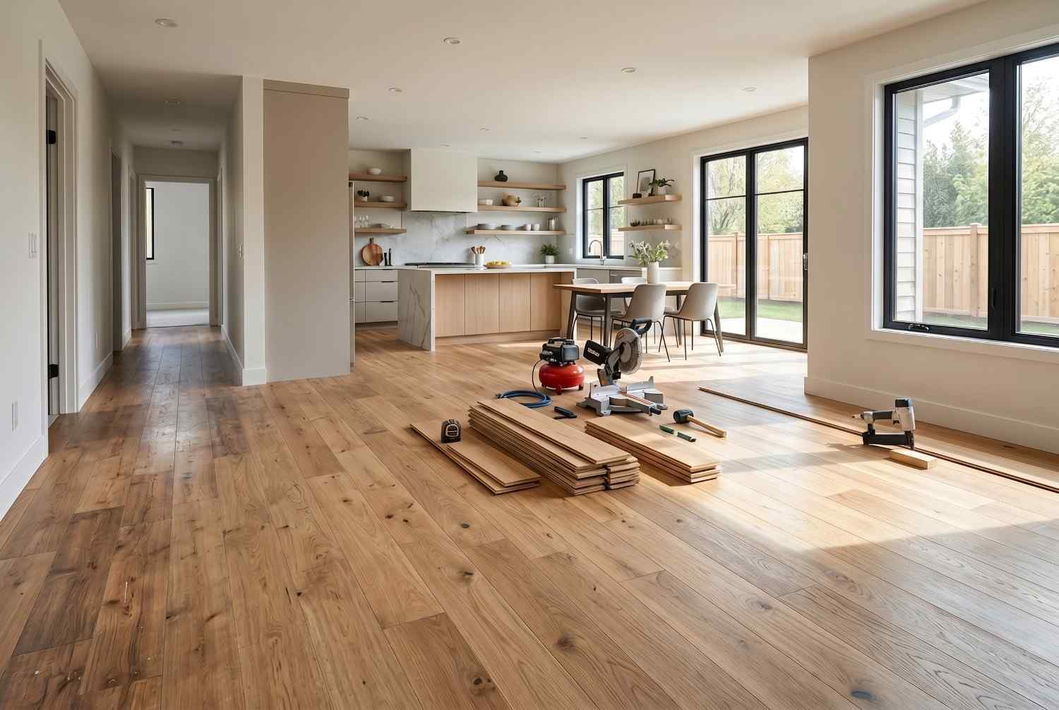 Open-concept home renovation with new hardwood floor installation, modern kitchen remodel, and contemporary interior design. Residential remodeling project featuring engineered wood flooring, spacious living area, natural light, and professional home improvement craftsmanship.
