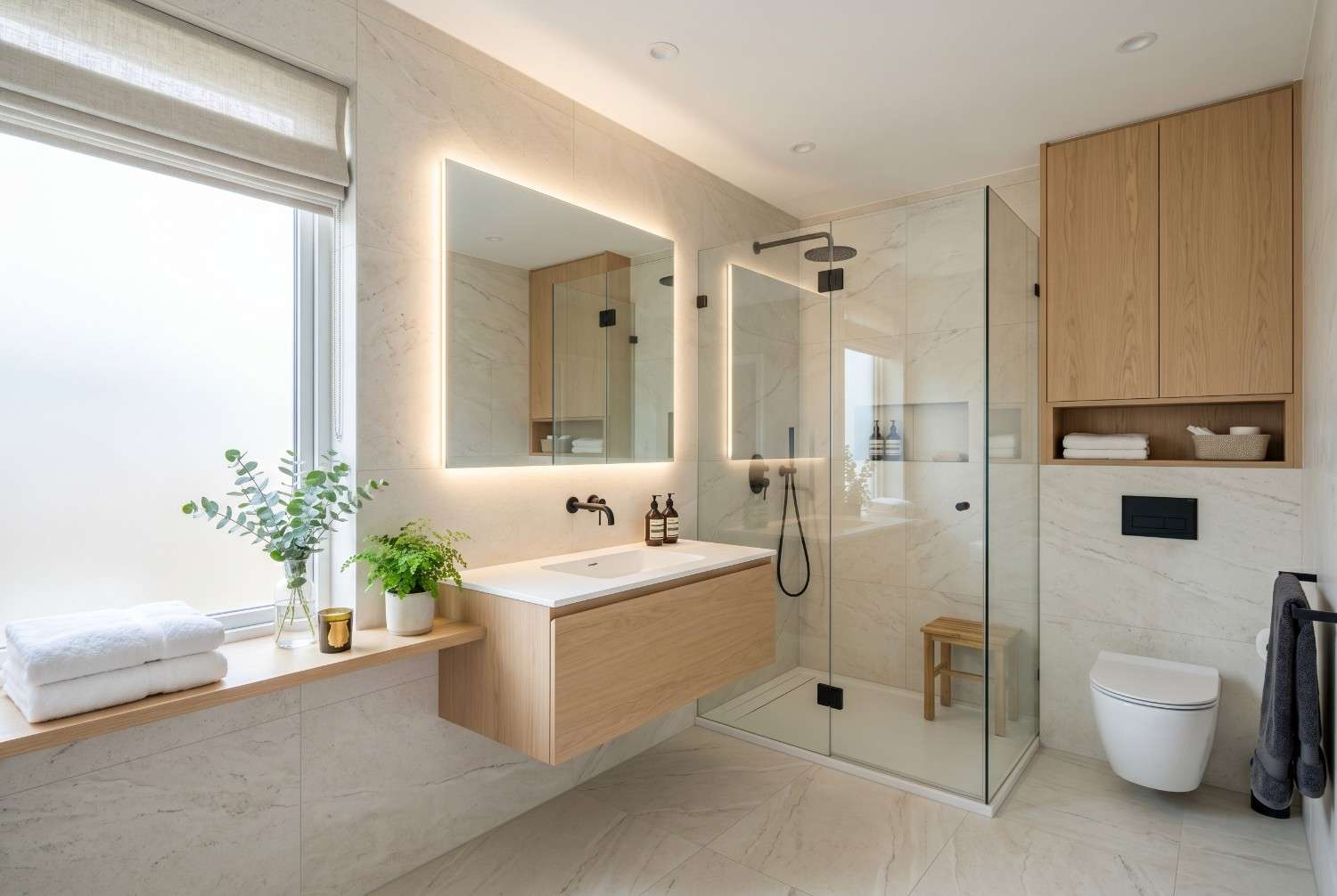 Modern bathroom remodel with floating wood vanity, backlit LED mirror, walk-in glass shower, custom storage cabinetry, and minimalist fixtures. Luxury bathroom renovation featuring natural stone finishes, spa-inspired design, and space-saving solutions for contemporary home improvement.