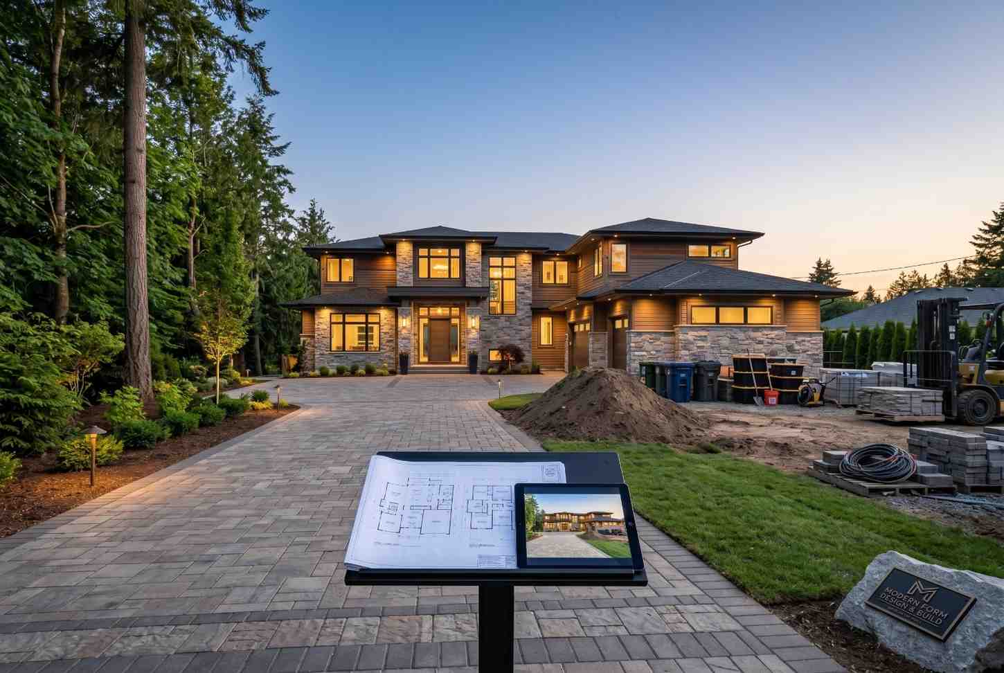 Luxury custom home nearing completion with architectural plans displayed in the foreground, showcasing premium residential construction, stone exterior finishes, landscaped driveway, and modern design. High-end home builder project featuring custom craftsmanship, property development, and turnkey residential construction services.