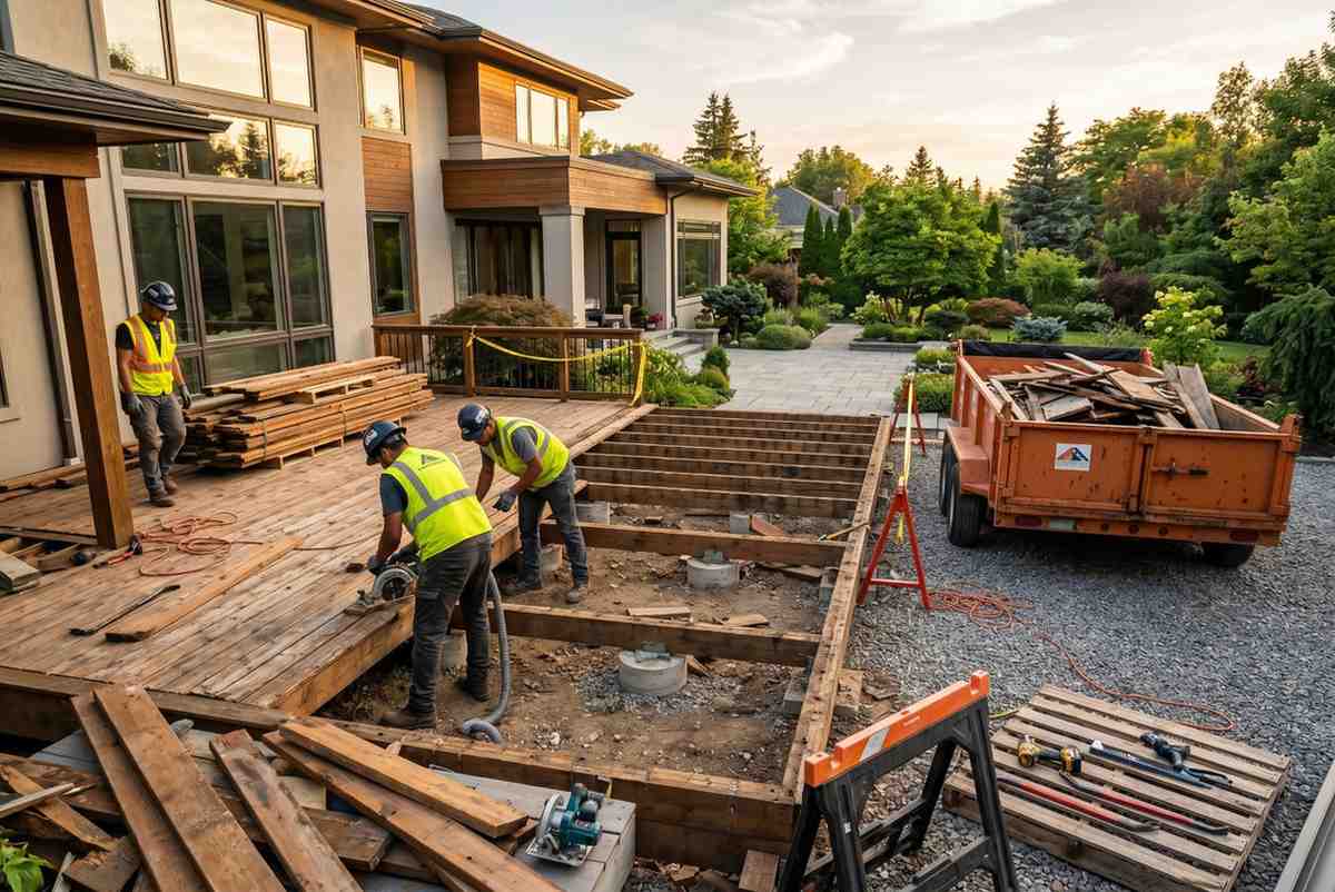 Professional deck demolition and replacement project with contractors removing old decking and rebuilding the structural frame beside a luxury home. Residential deck renovation showcases deck repair, foundation upgrades, custom deck construction, outdoor living improvements, and expert craftsmanship for a durable, modern backyard deck.