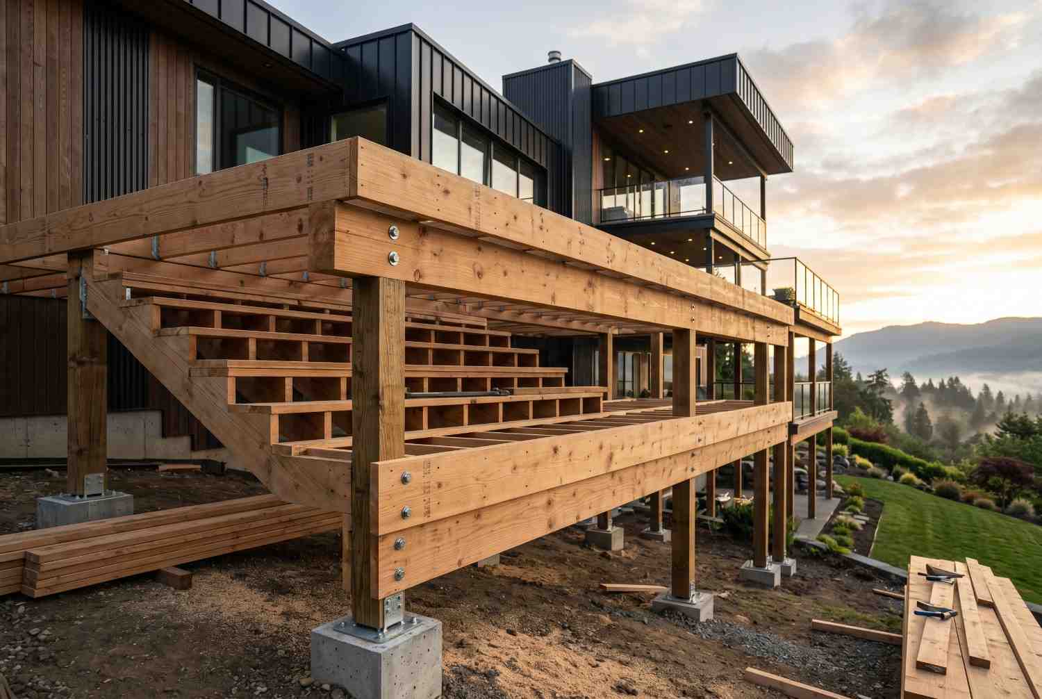 Custom elevated deck construction with exposed timber framing, structural support posts, and luxury hillside home backdrop. Residential deck building project showcasing professional carpentry, outdoor living space installation, engineered deck framing, and premium home renovation with panoramic mountain views.