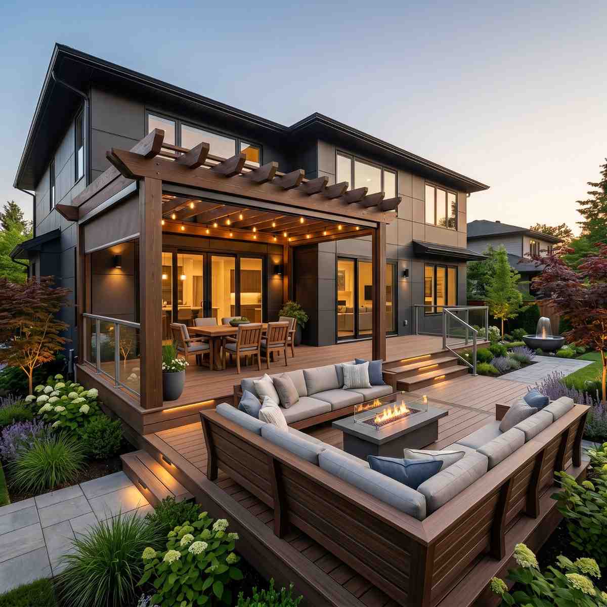 Luxury backyard deck with pergola, outdoor fire table, and premium lounge seating, featuring modern landscape design and custom outdoor living space. Contemporary residential deck design showcasing upscale patio construction, outdoor entertainment area, and luxury home improvement with ambient lighting.