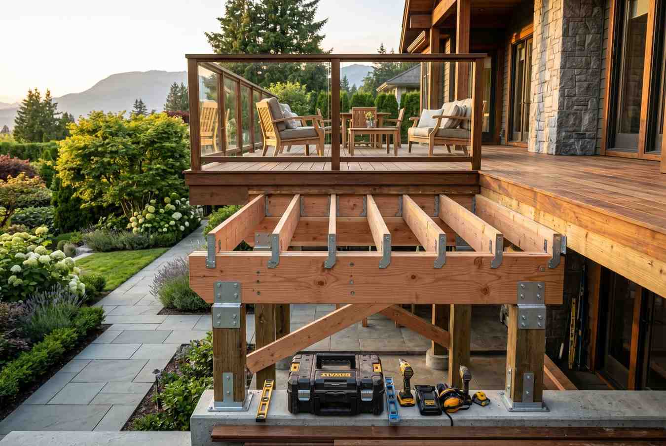 Deck construction in progress featuring exposed wood joists, structural hardware, and contractor tools beneath a finished outdoor living space. Custom residential deck installation with glass railings overlooks landscaped gardens, highlighting professional deck building, framing, structural support, and backyard renovation services.