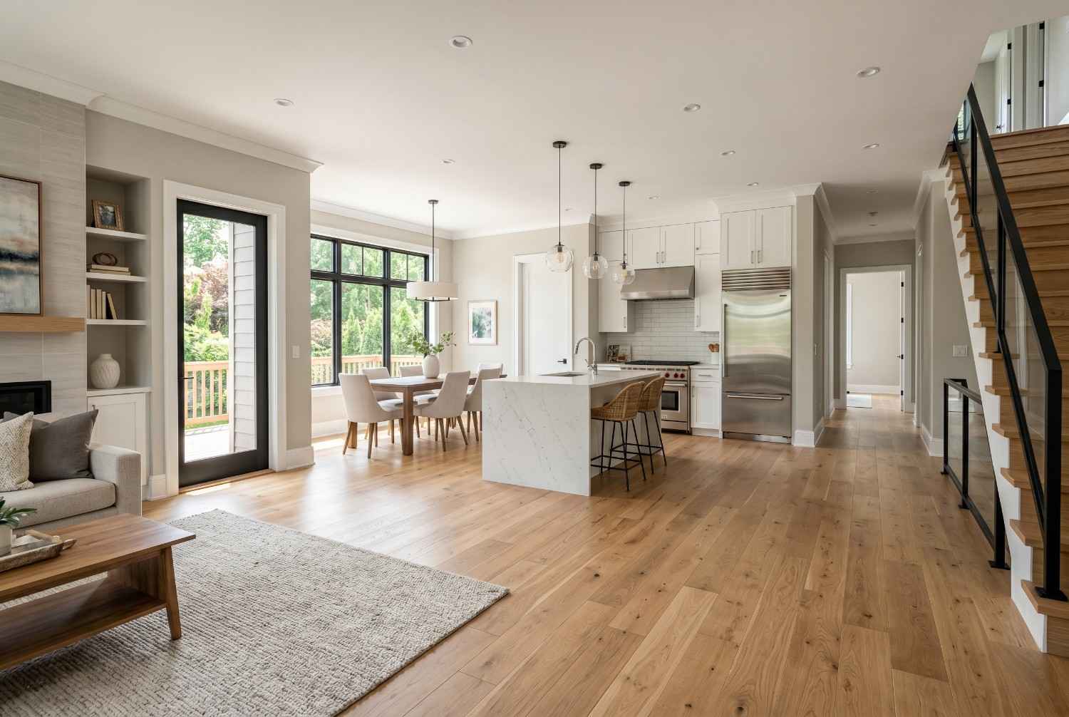 Modern open-concept kitchen and living area with quartz waterfall island, hardwood flooring, custom white cabinetry, and contemporary staircase. Bright luxury home interior featuring premium finishes, natural light, spacious layout, and elegant residential interior design.