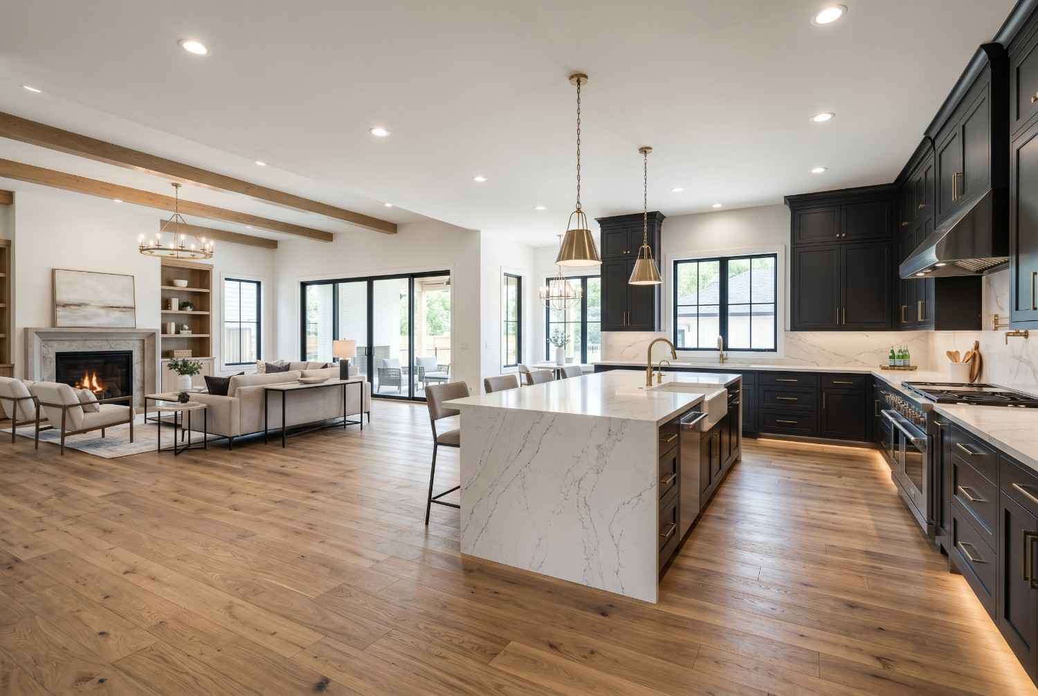 Modern luxury open-concept kitchen and living room featuring a large quartz waterfall island, custom black cabinetry, hardwood flooring, and designer lighting. Contemporary home interior with premium finishes, spacious layout, fireplace, and upscale residential interior design.