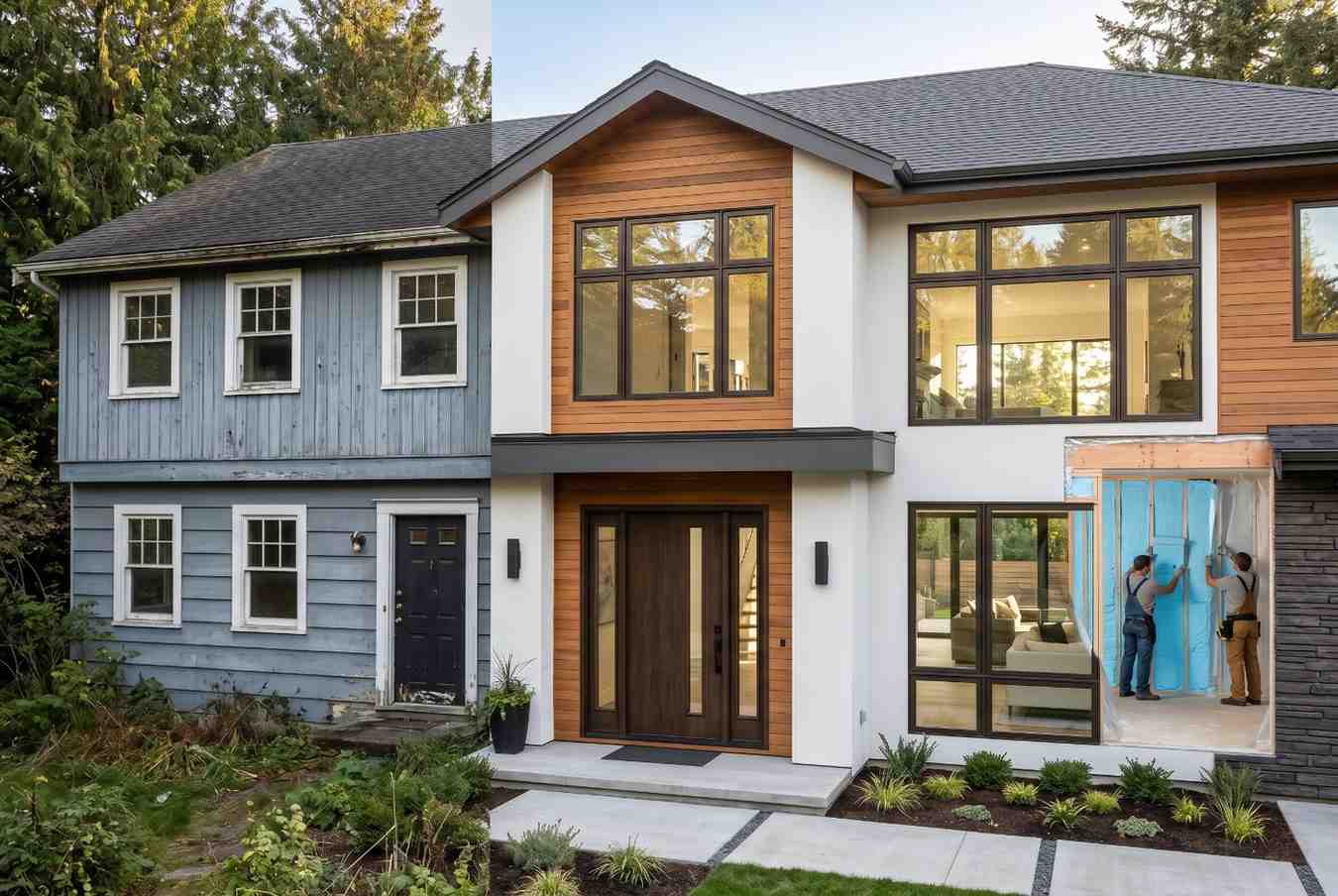 Home renovation before-and-after transformation featuring an older house upgraded into a modern luxury home. Contemporary exterior remodel with large energy-efficient windows, custom wood accents, improved curb appeal, and professional residential construction showcasing dramatic home improvement results.