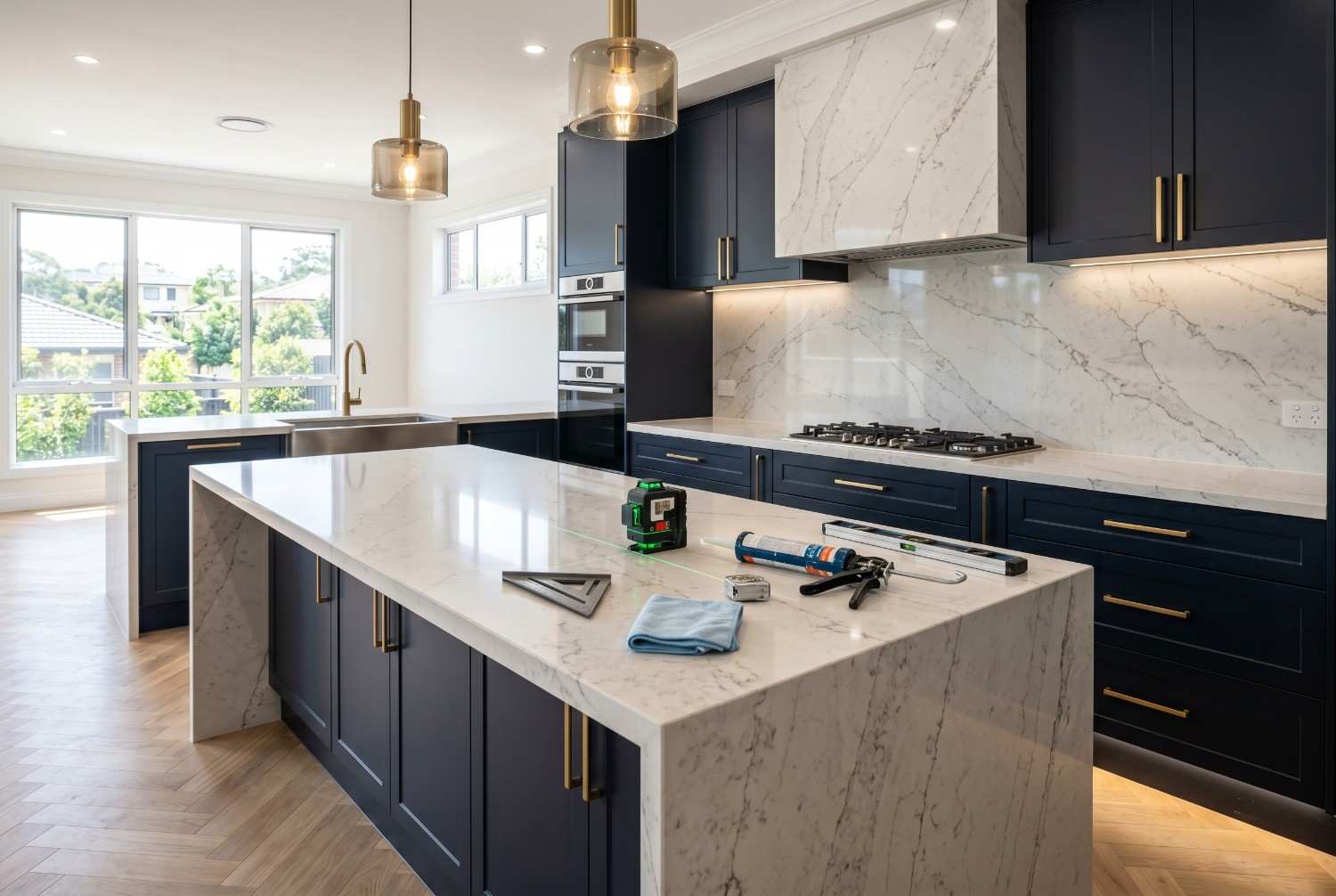 Luxury kitchen renovation featuring navy blue custom cabinets, waterfall quartz island, marble backsplash, under-cabinet lighting, and premium appliances. Modern kitchen remodeling project with elegant finishes, spacious layout, and professional installation tools showcasing high-end residential design and craftsmanship.