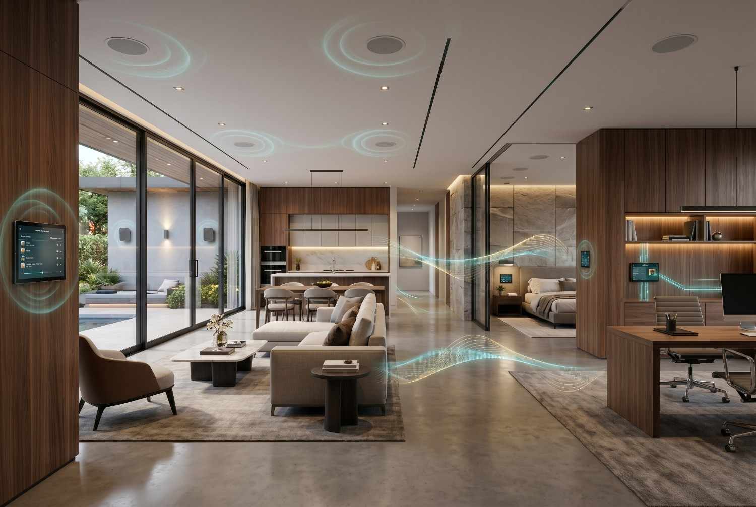 Modern smart home interior with integrated home automation, multi-room audio system, smart lighting controls, and connected living spaces. Open-concept luxury design features touchscreen panels, voice-controlled technology, energy-efficient automation, and seamless connectivity throughout the living room, kitchen, bedroom, and home office.