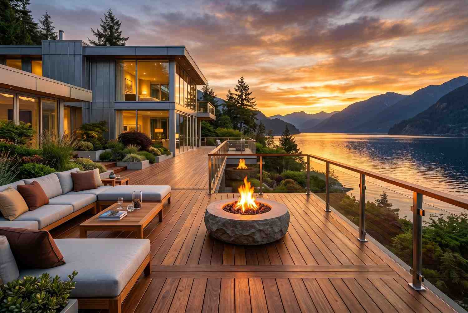 Luxury waterfront deck with fire pit, outdoor lounge seating, and glass railings overlooking a mountain lake at sunset. Premium hardwood decking attached to a modern home showcases custom deck design, outdoor living, scenic waterfront views, residential landscaping, and high-end backyard entertainment space.