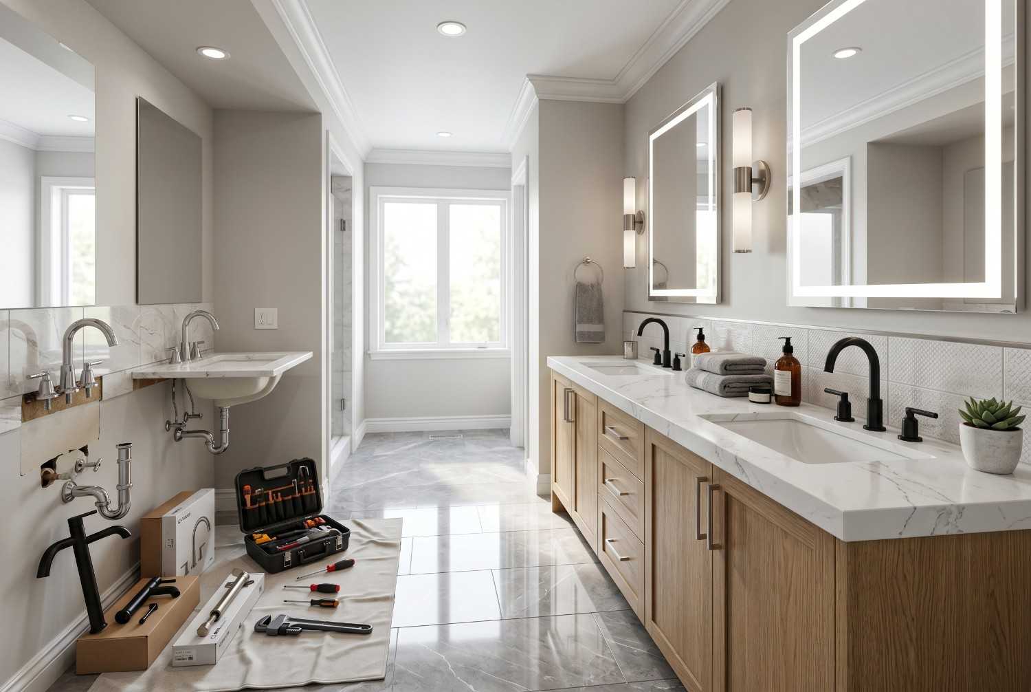 Luxury bathroom renovation in progress featuring a double vanity, quartz countertop, illuminated mirrors, and modern fixtures. Contemporary bathroom remodel showcasing custom cabinetry, premium finishes, plumbing installation, and professional residential home improvement craftsmanship.