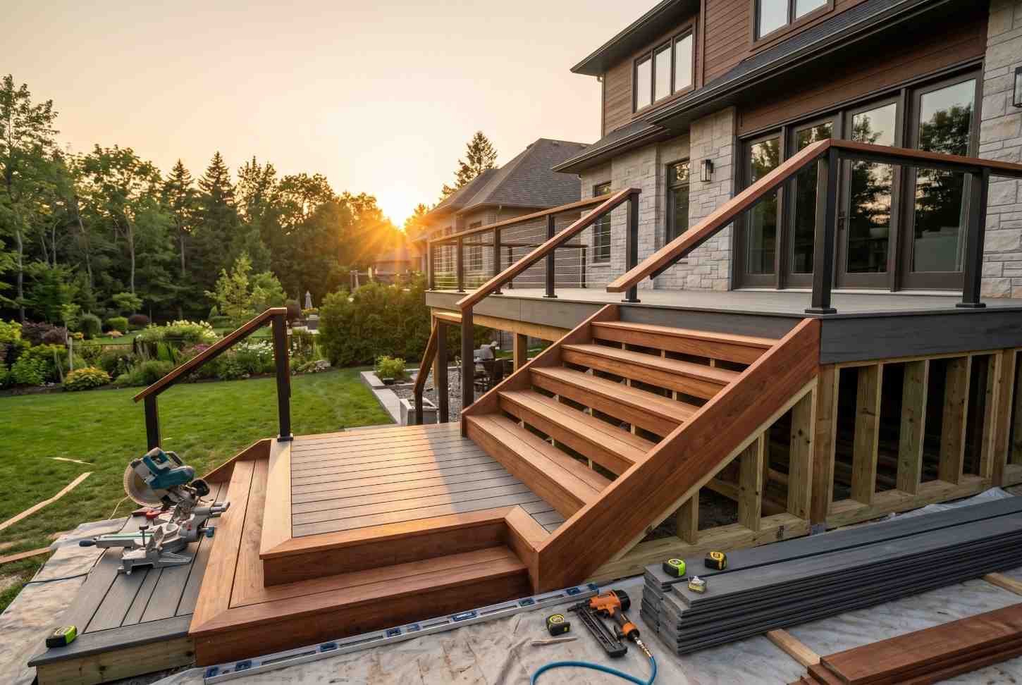 Custom composite deck installation with wide staircase, cable railings, and contractor tools beside a luxury home at sunset. Elevated outdoor living space showcases professional deck construction, backyard renovation, modern deck design, residential craftsmanship, and durable low-maintenance decking for stylish outdoor entertaining.