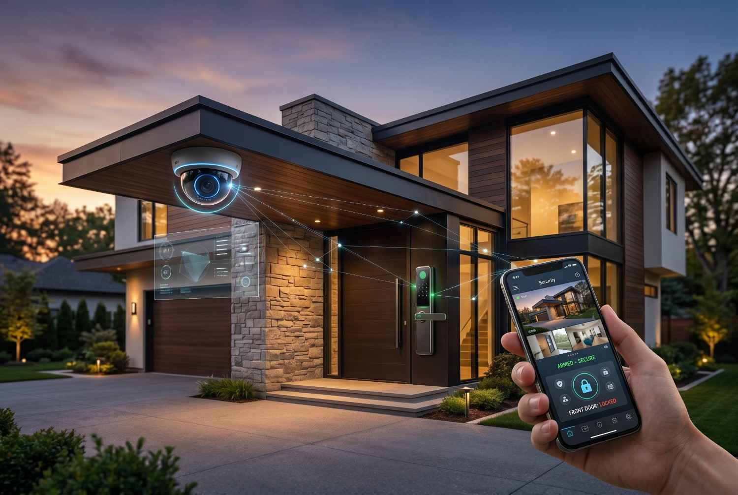 Smart home security system controlling a modern luxury house via smartphone app, featuring connected security cameras, smart door lock, remote monitoring, and home automation technology for enhanced residential safety and access control.