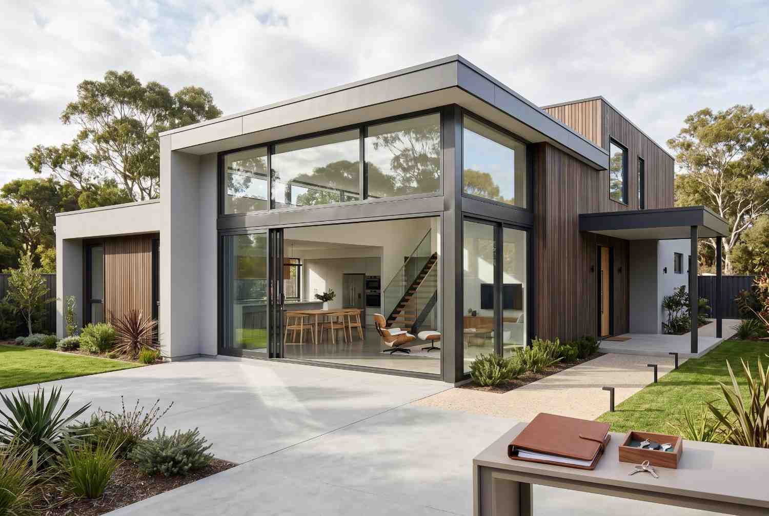 Modern contemporary home exterior with floor-to-ceiling glass windows, open-concept design, minimalist architecture, and landscaped garden. Luxury custom residence featuring indoor-outdoor living, energy-efficient construction, premium materials, and stylish modern house design in a suburban setting.