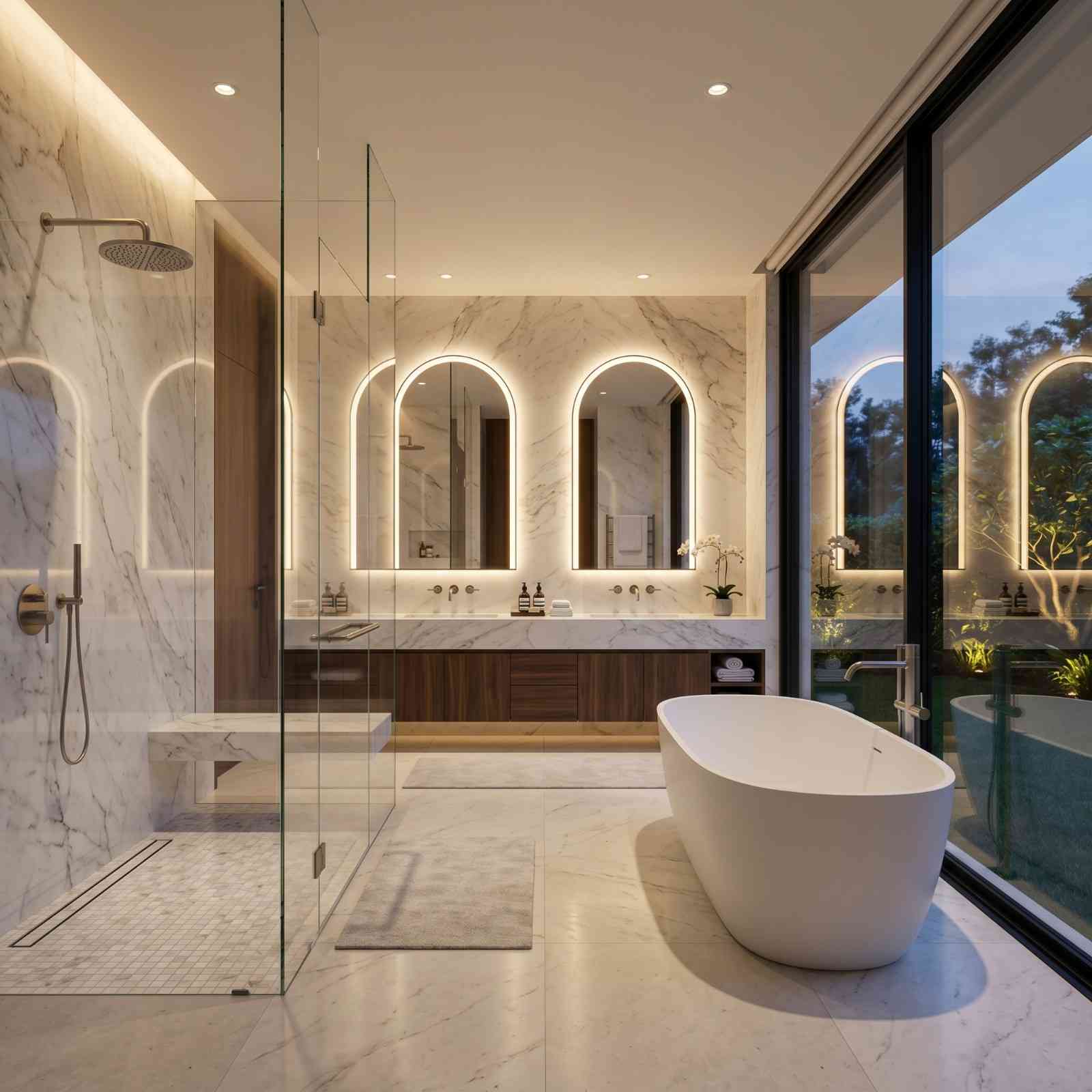 Luxury marble bathroom with freestanding soaking tub, walk-in glass shower, illuminated arch mirrors, and floating wood vanity. Spa-inspired modern bathroom design featuring premium fixtures, natural stone finishes, elegant lighting, and high-end residential remodeling.