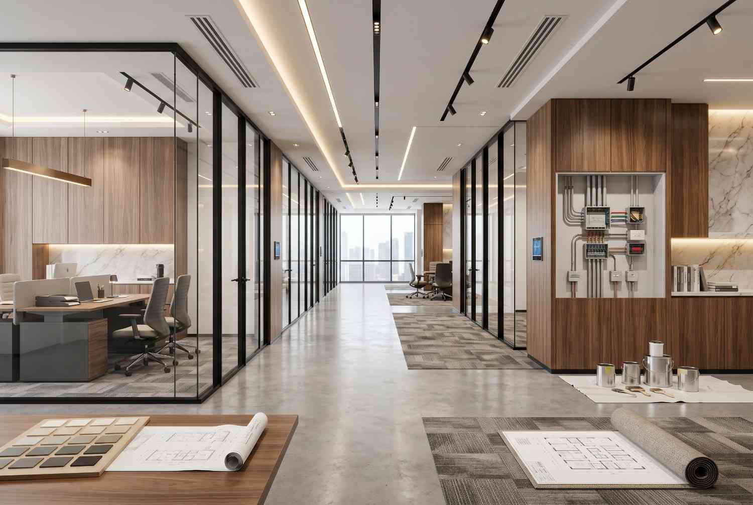 Modern office renovation and fit-out project featuring glass-walled offices, contemporary workspaces, exposed electrical systems, architectural plans, and premium finishes. Commercial office construction showcasing corporate interior design, workspace remodeling, and modern business environment development.
