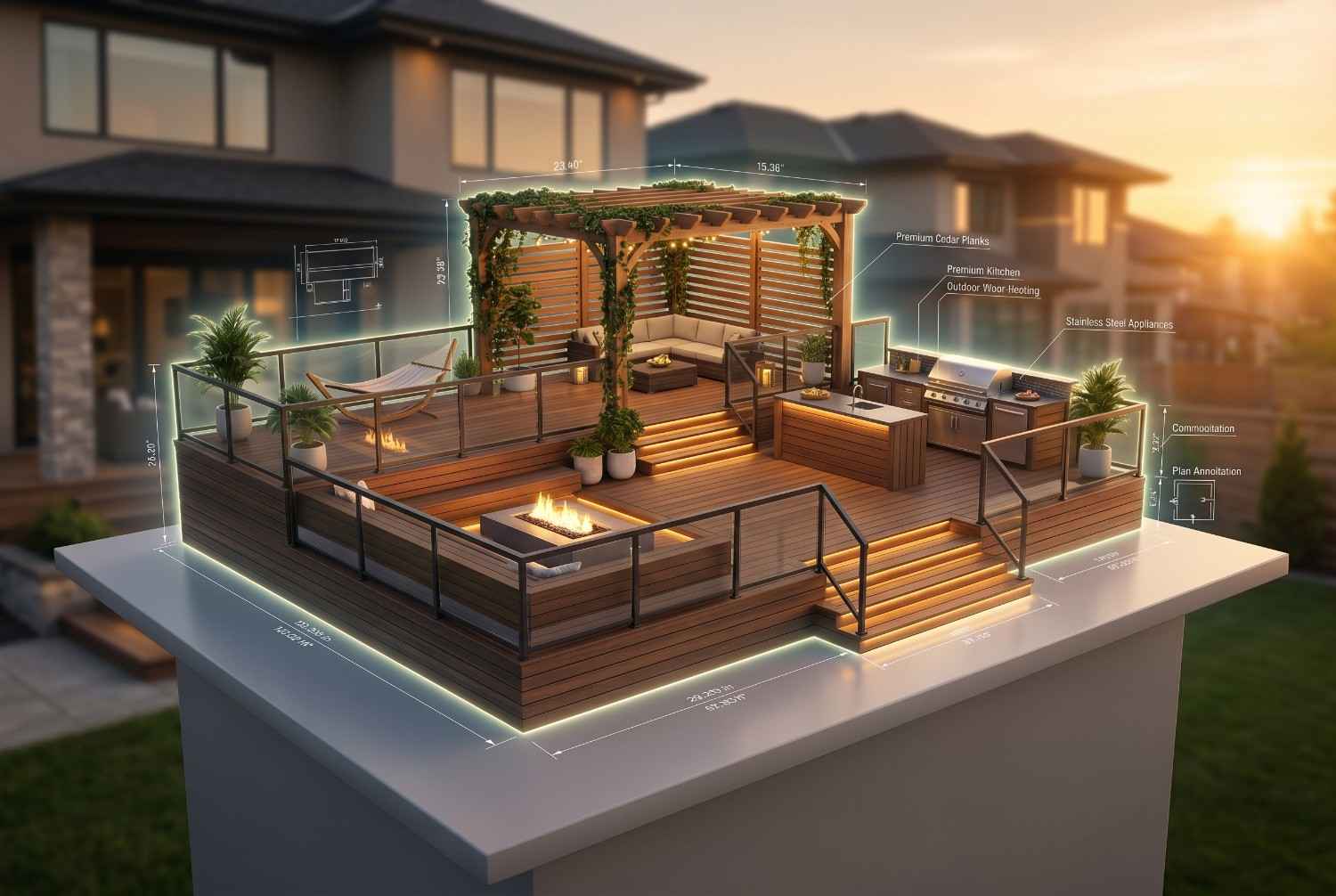 3D deck design rendering featuring a luxury outdoor living space with pergola, outdoor kitchen, fire pit, custom decking, and architectural plans. Modern backyard design concept showcasing premium deck construction, outdoor entertainment area, landscape architecture, and residential renovation planning.