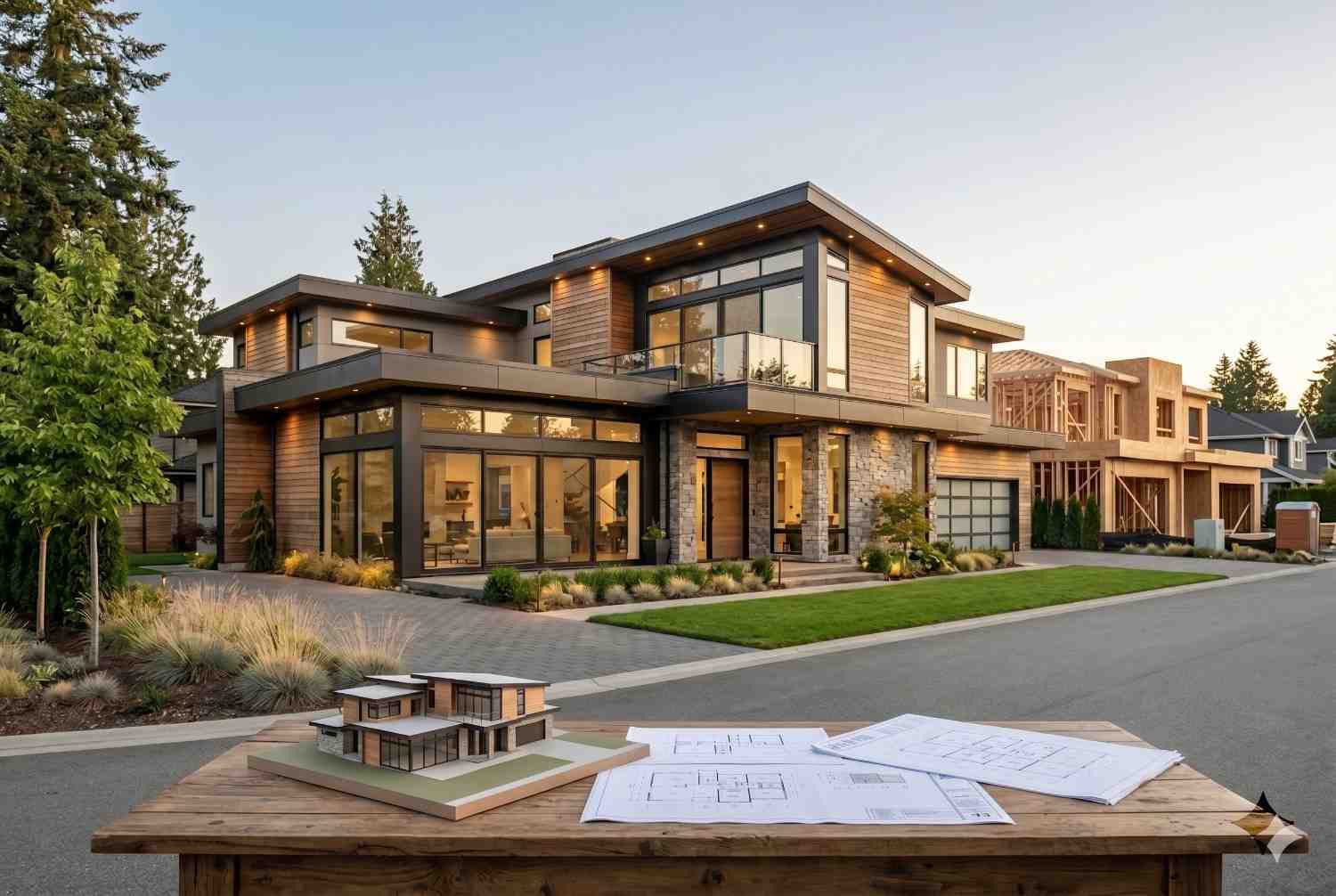Contemporary custom home with architectural model and blueprints displayed in the foreground, showcasing luxury residential design, modern construction, and premium craftsmanship. Elegant new home build featuring expansive windows, stone accents, professional landscaping, and expert custom home construction services.