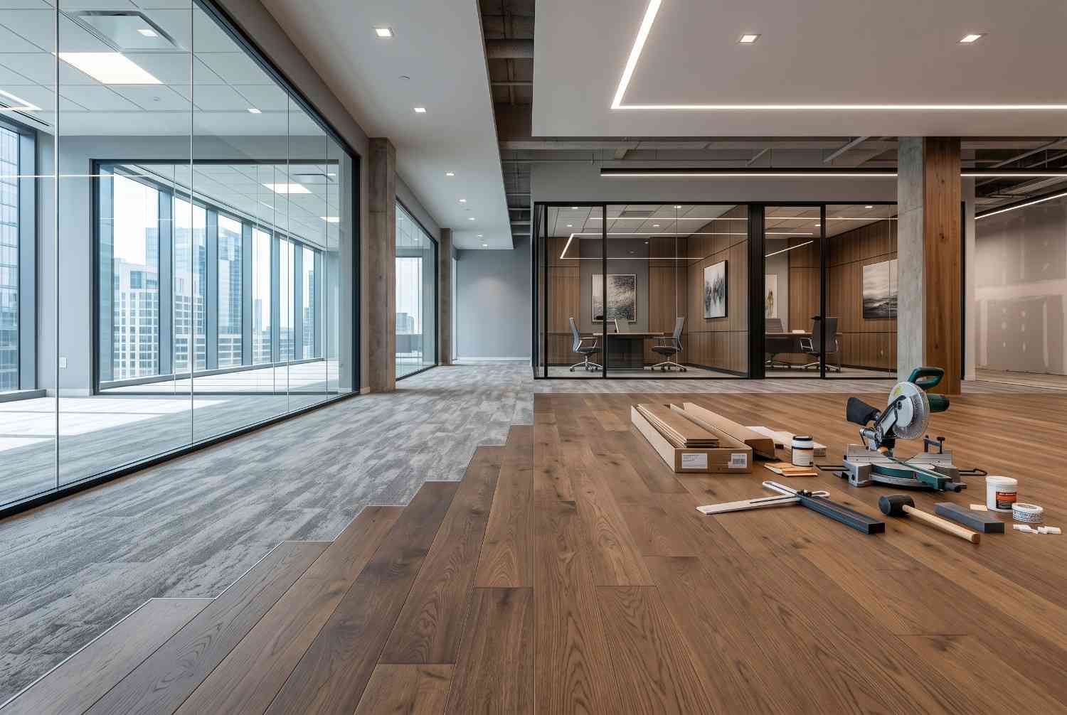 Modern office renovation in progress featuring luxury wood flooring installation, glass-walled meeting rooms, contemporary workspace design, and floor-to-ceiling windows. Commercial office fit-out showcasing premium corporate interiors, modern architecture, and professional business environment construction.