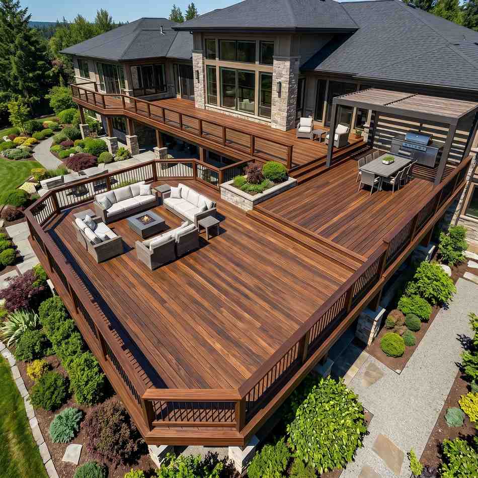 Expansive multi-level wood deck with outdoor lounge, dining area, fire pit, and pergola attached to a luxury home. Custom deck design overlooks professionally landscaped grounds, showcasing premium decking installation, outdoor entertainment spaces, backyard renovation, and high-end residential outdoor living.