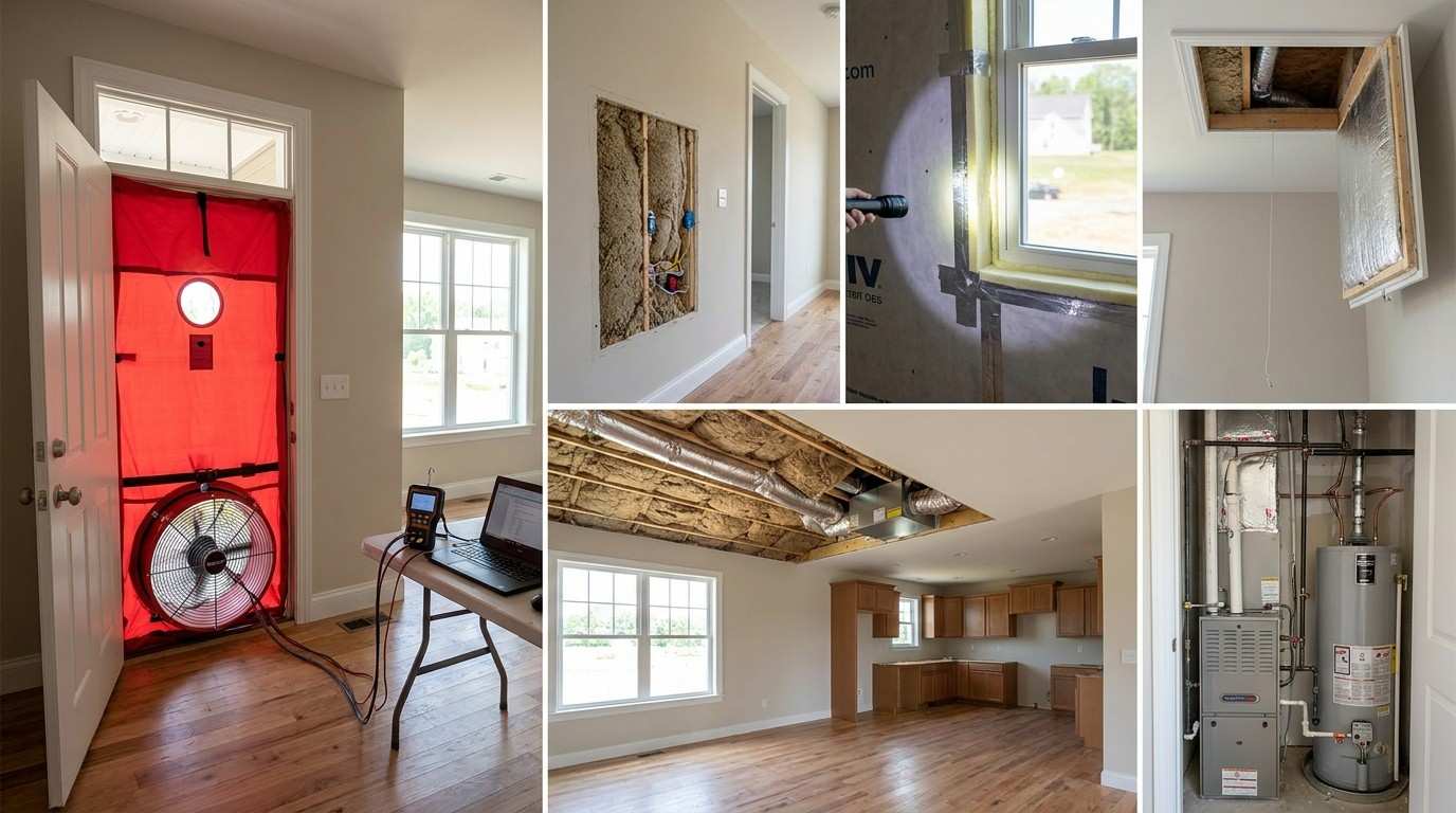 Newly constructed suburban home undergoing energy code inspection with insulation, air sealing, efficient windows, HVAC systems, blower door testing equipment, and building envelope details visible throughout the property.